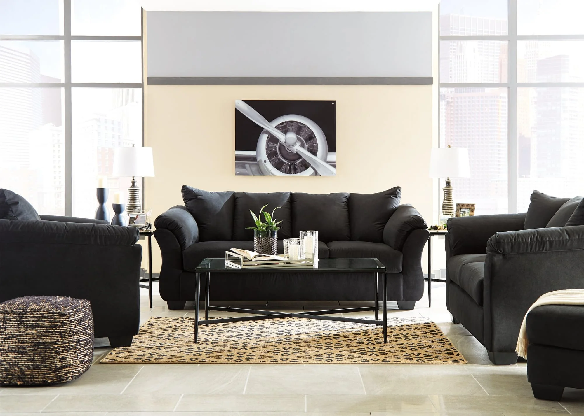 Darcy Black Sofa Loveseat Chair And Ottoman - Image 1