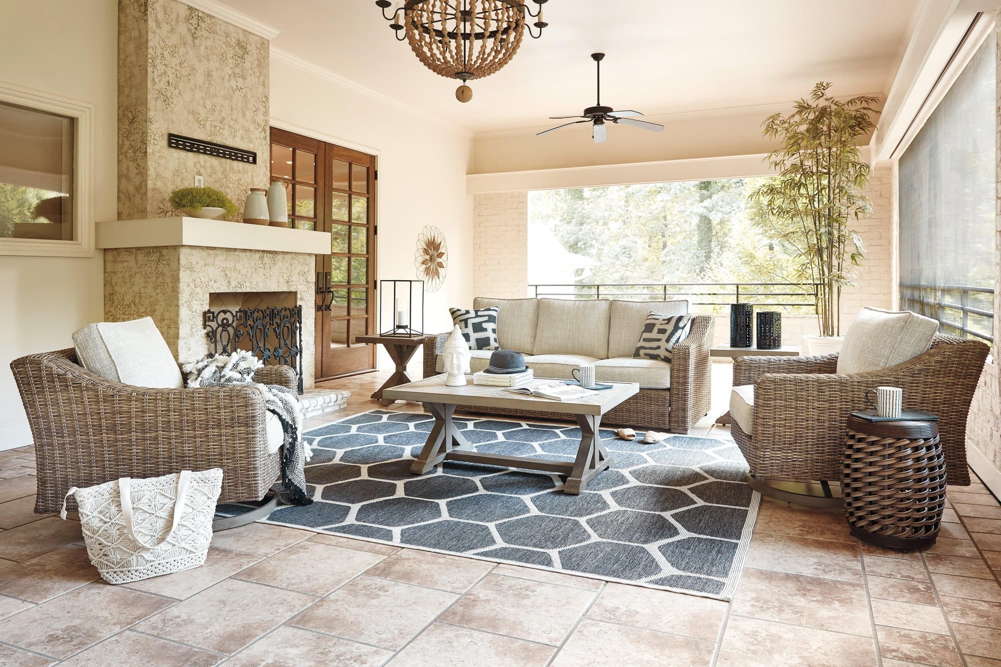 Beachcroft Beige Outdoor Sofa With 2 Lounge Chairs Coffee Table And End