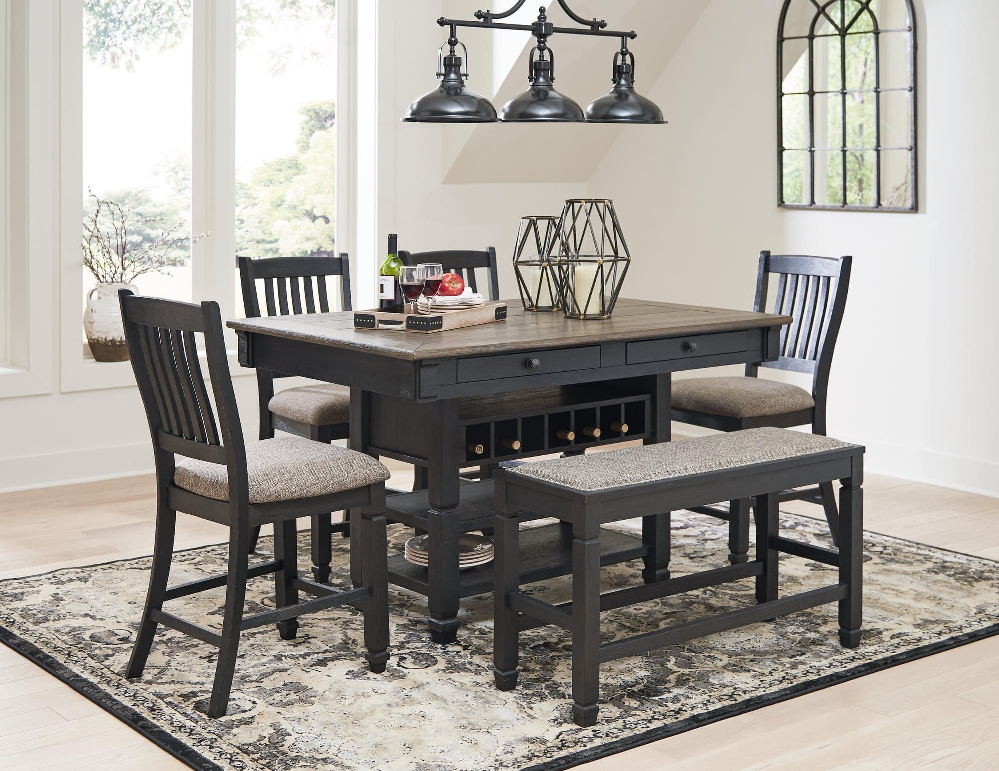 Tyler Black Gray Creek Counter Height Dining Table And 4 Barstools Bench - Image 1