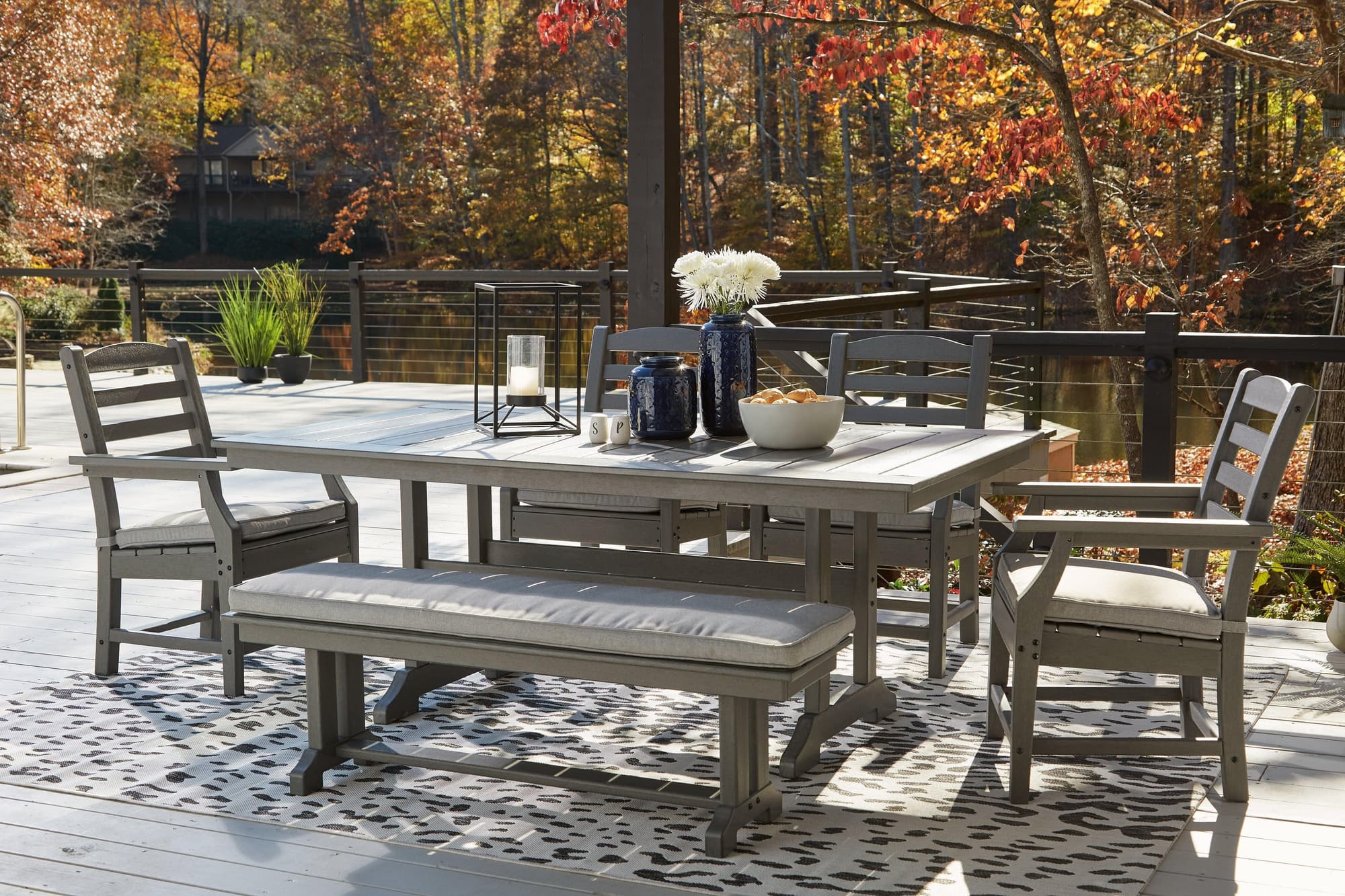 Visola Gray Outdoor Dining Table And 4 Chairs Bench - Image 1