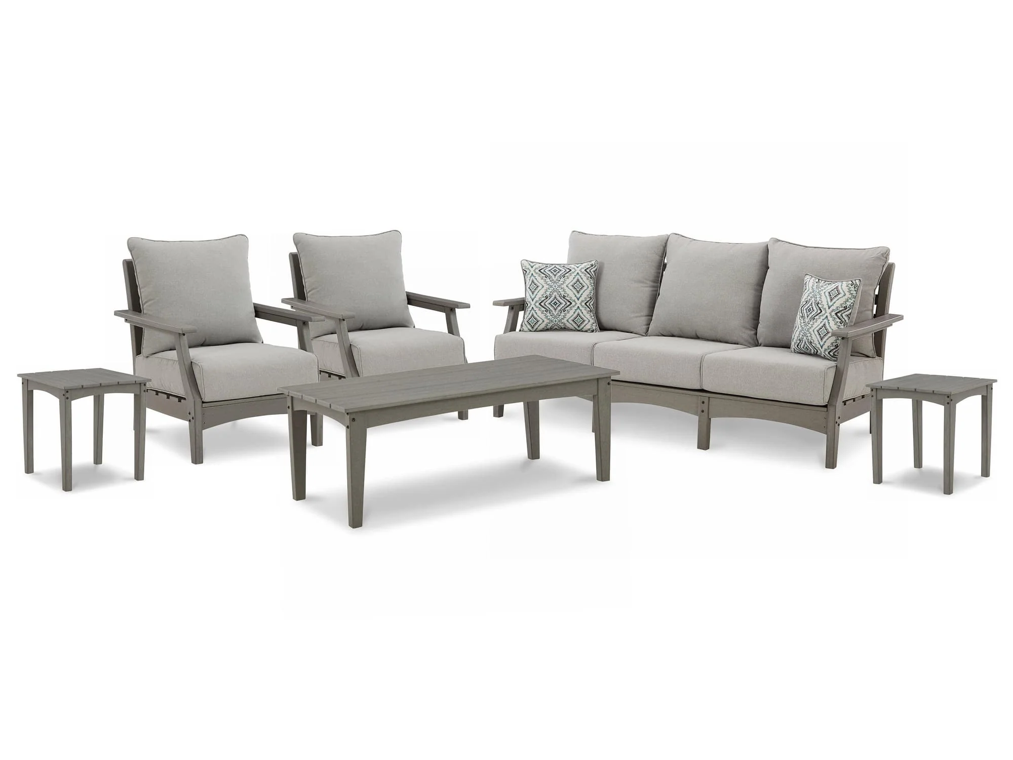 Visola Gray Outdoor Sofa And 2 Lounge Chairs With Coffee Table End Tables
