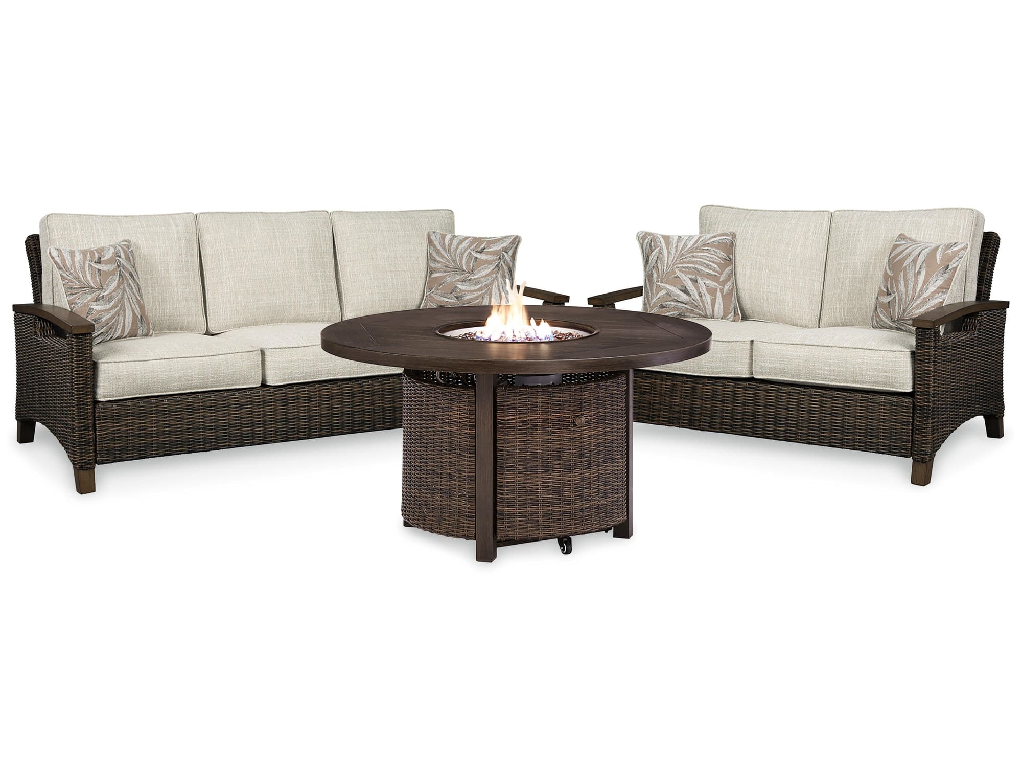 Paradise Medium Brown Trail Outdoor Sofa And Loveseat With Fire Pit Table - Image 1