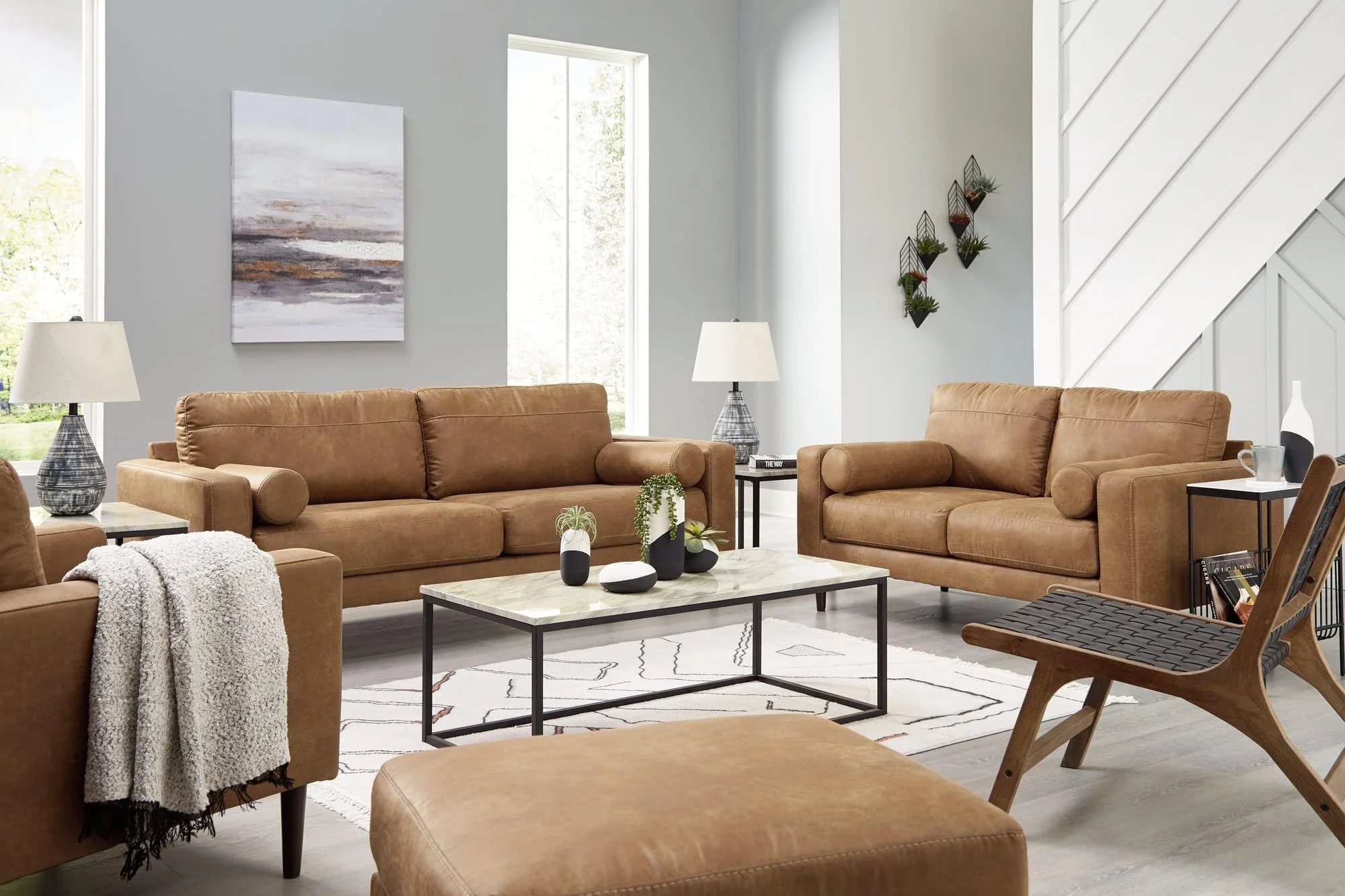 Telora Caramel Sofa Loveseat Chair And Ottoman - Image 1