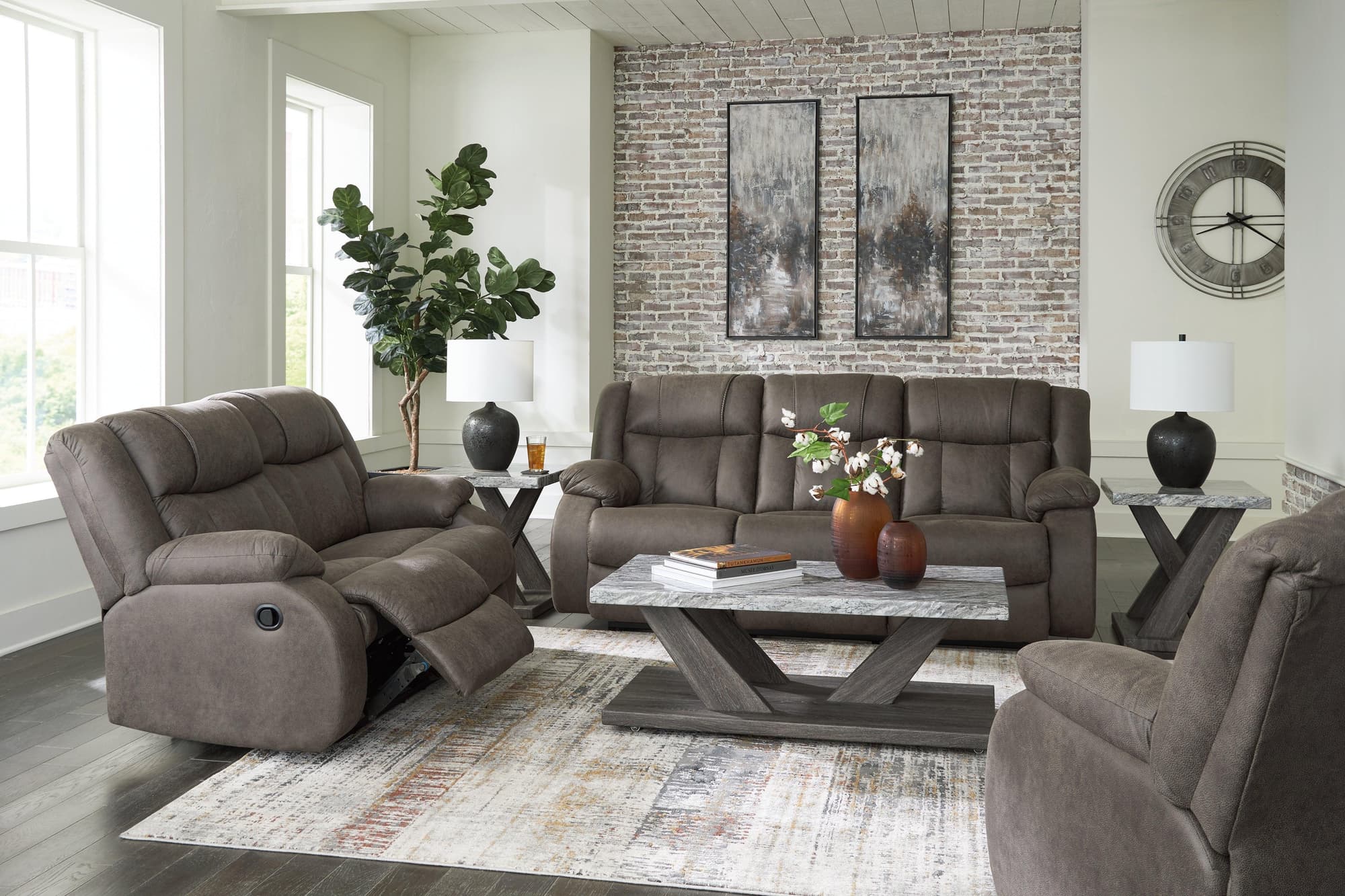 First Gunmetal Base Sofa Loveseat And Recliner - Image 1
