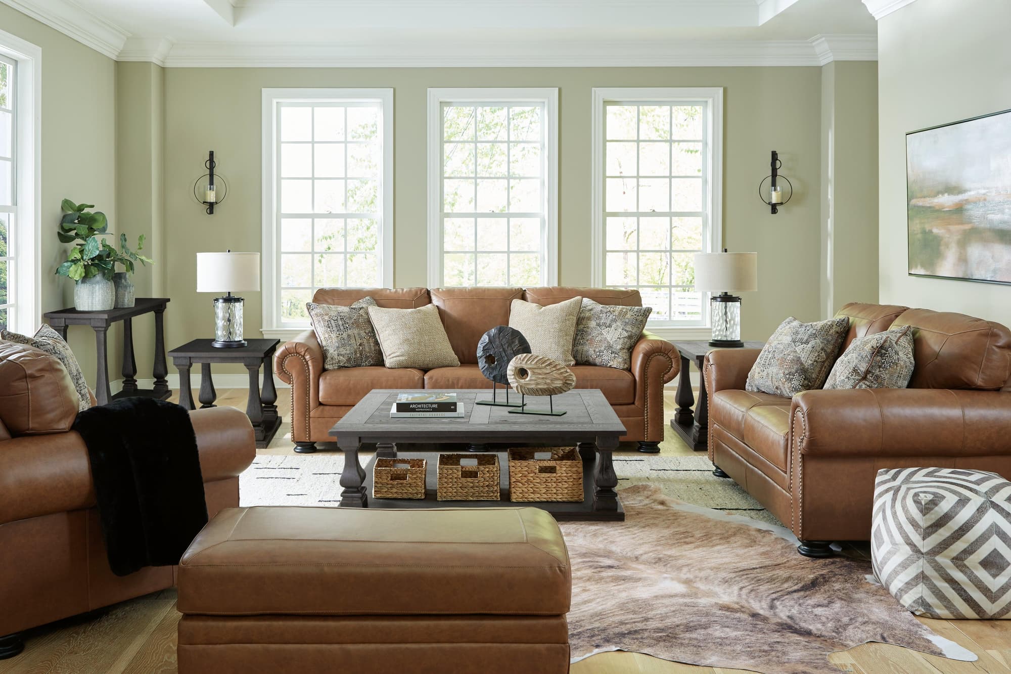 Carianna Caramel Sofa Loveseat Chair And Ottoman - Image 1