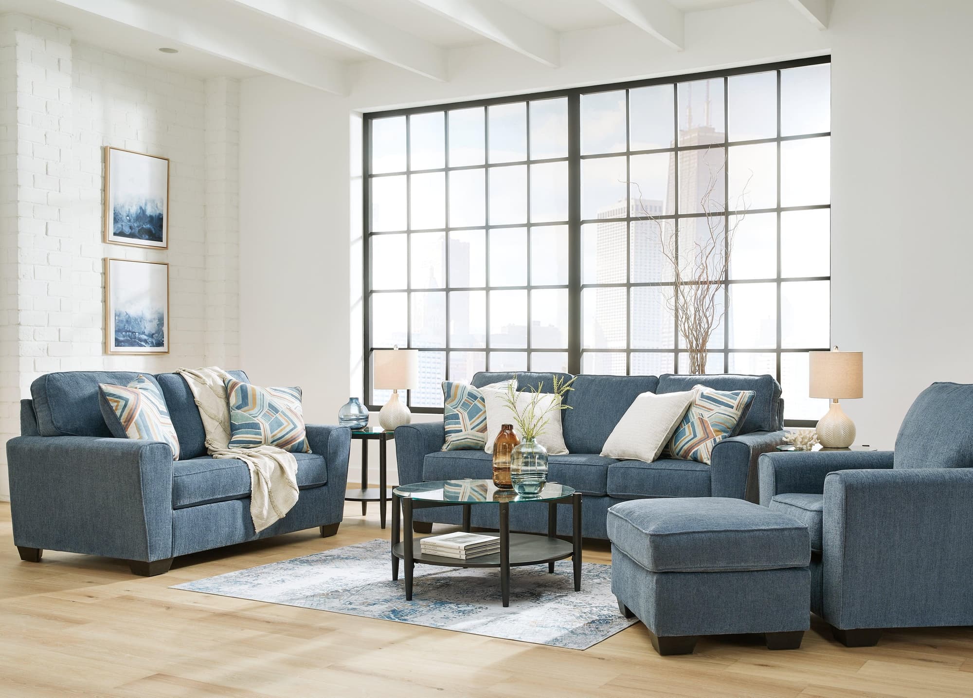 Cashton Blue Sofa Loveseat Chair And Ottoman - Image 1