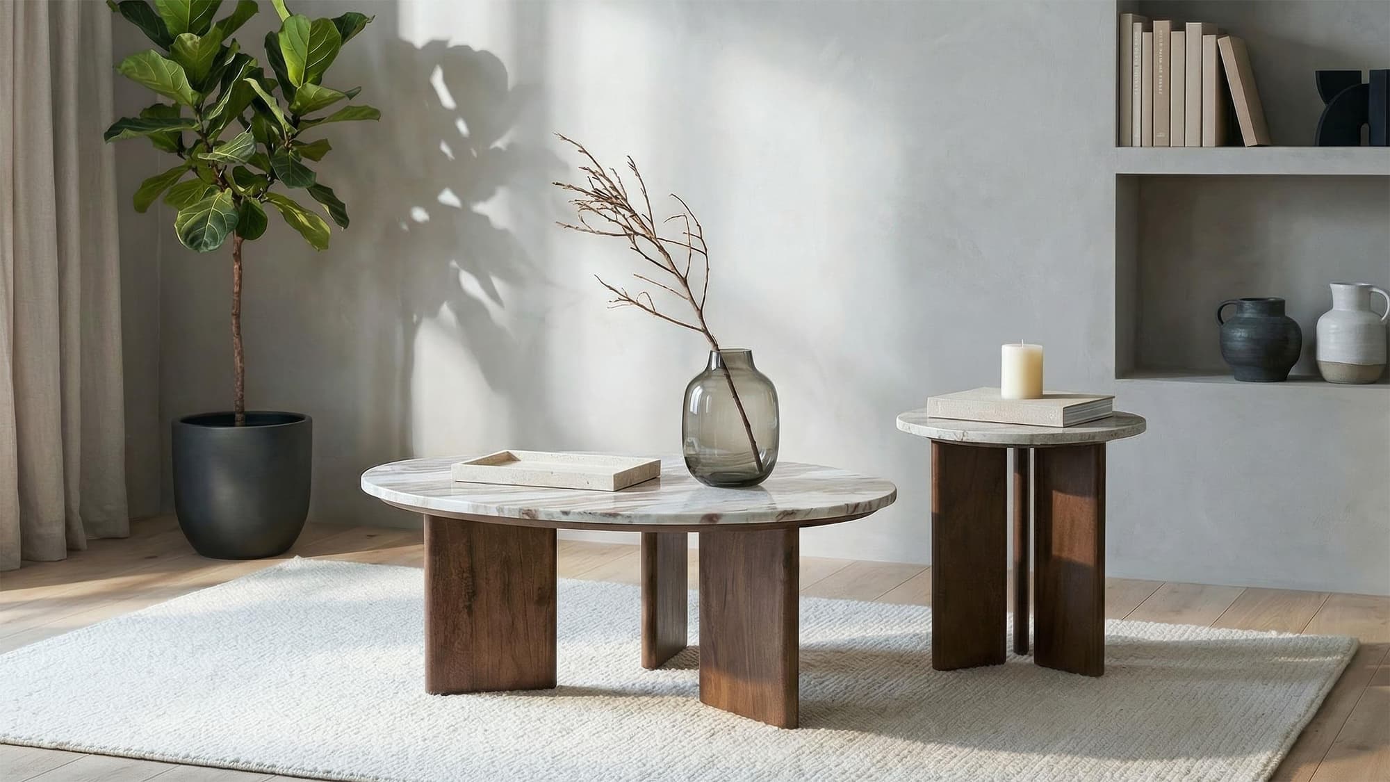 Jenna 2-piece Round Marble Top Coffee Table Set Brown - Image 1