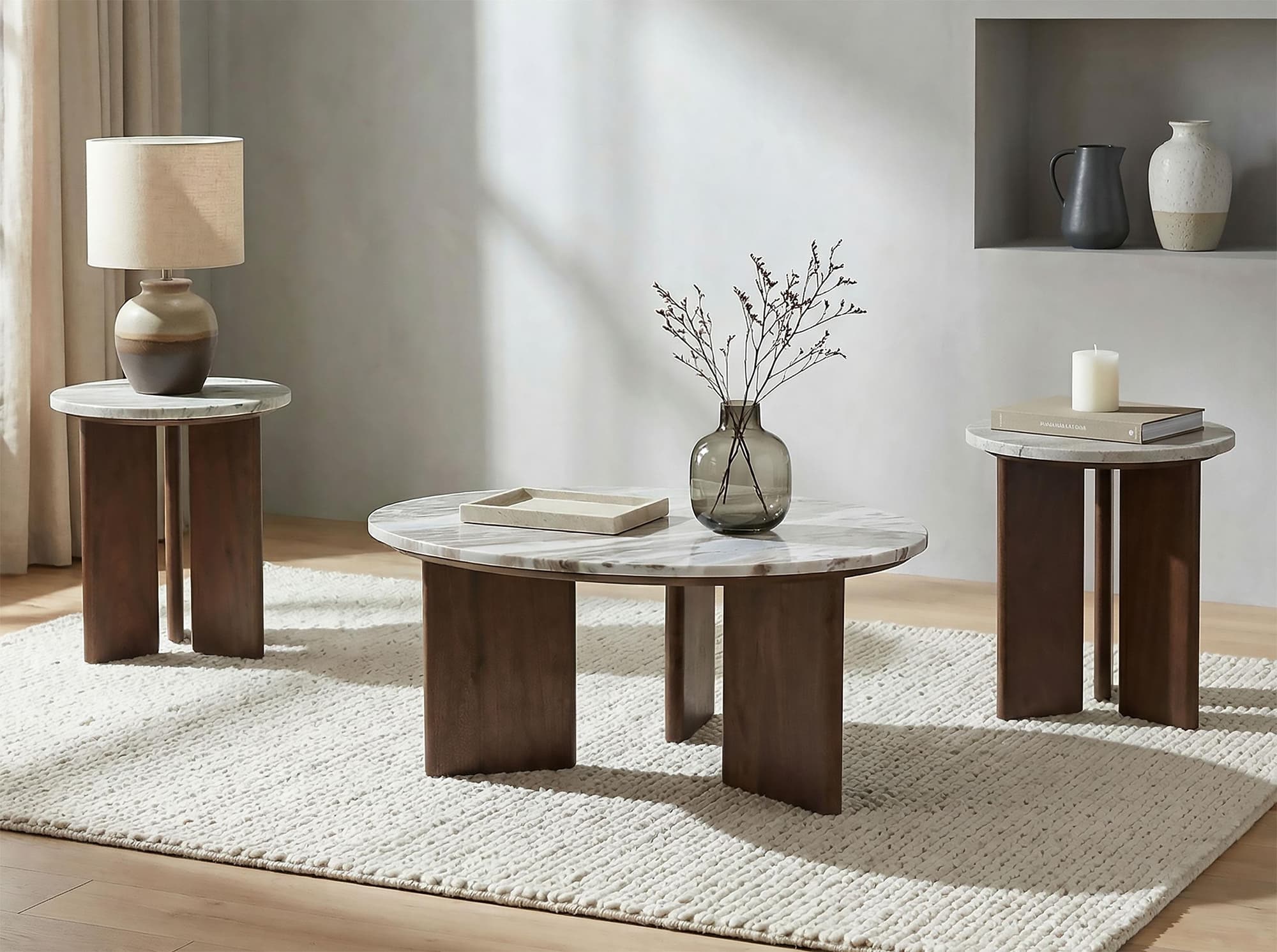 Jenna 3-piece Round Marble Top Coffee Table Set Brown - Image 1