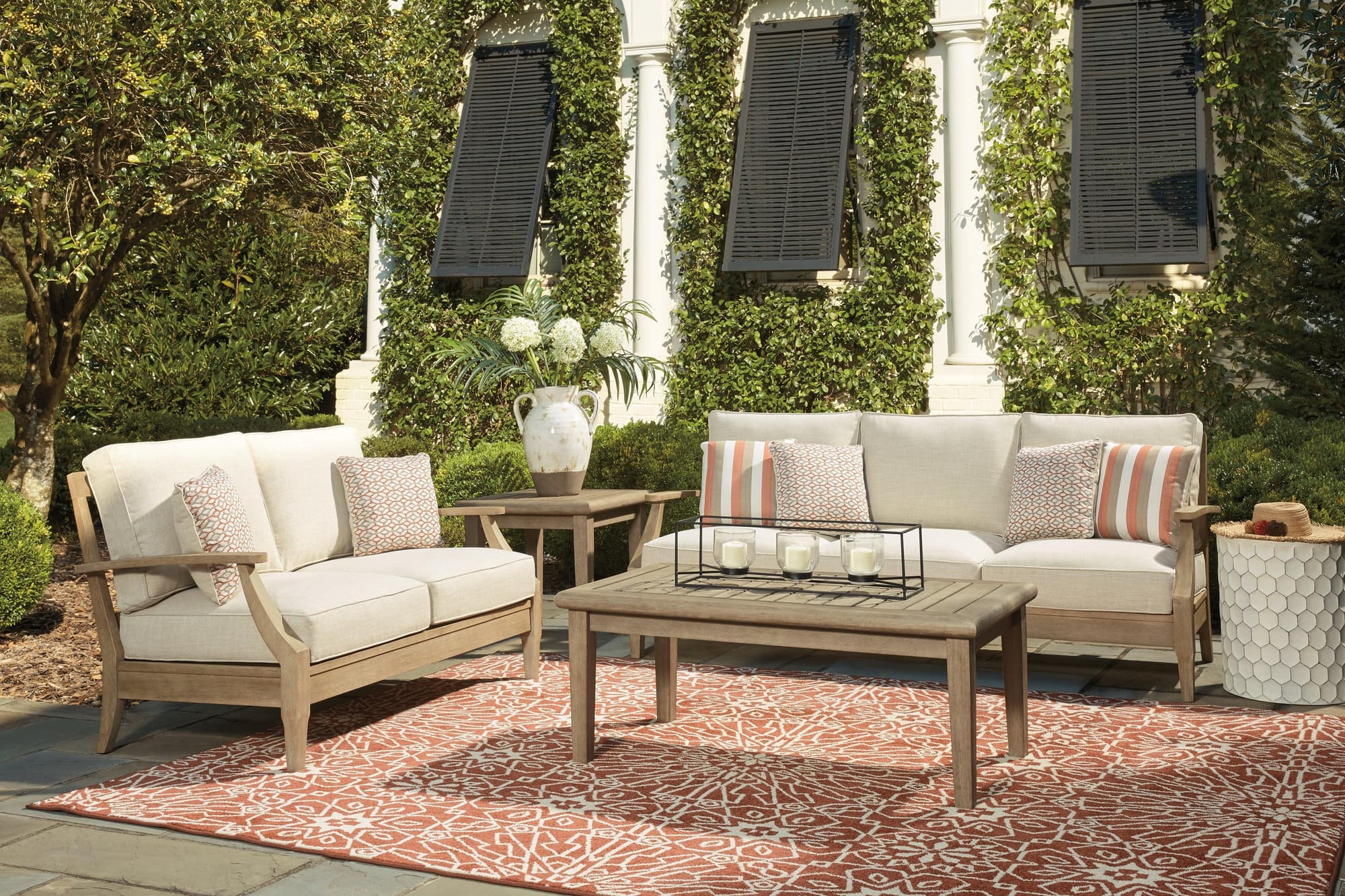 Clare Beige View Outdoor Sofa And Loveseat With Coffee Table - Image 1