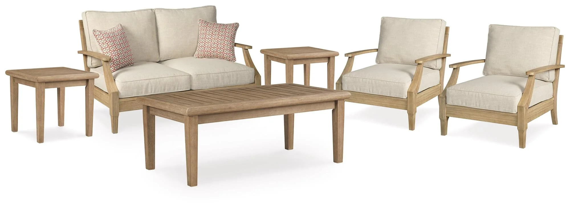Clare Beige View Outdoor Loveseat And 2 Lounge Chairs With Coffee Table End Tables
