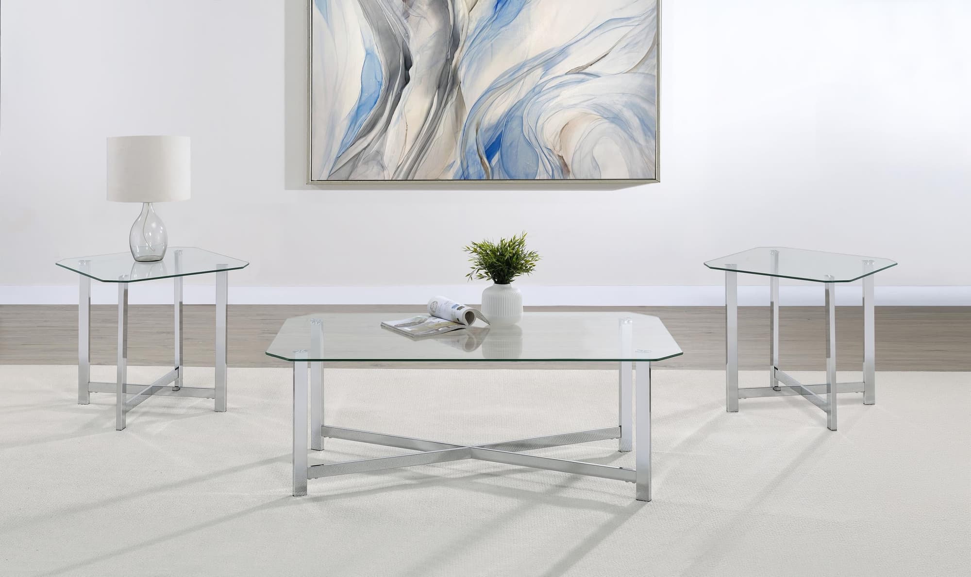 Cronin 3-piece Tempered Glass Top Coffee Table Set Chrome - Image 1