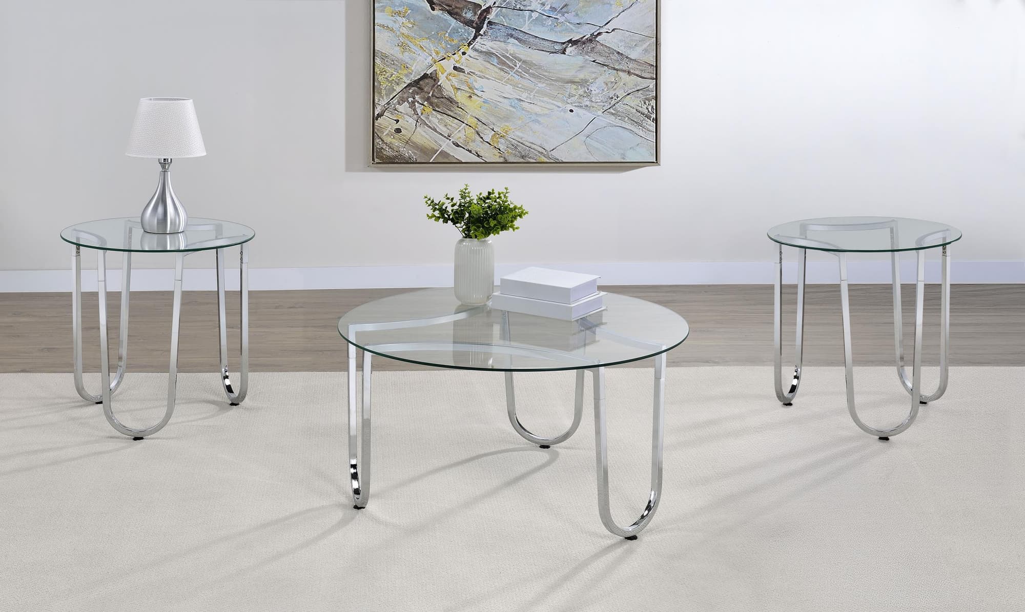 Beller 3-piece Round Tempered Glass Top Coffee Table Set Chrome - Image 1