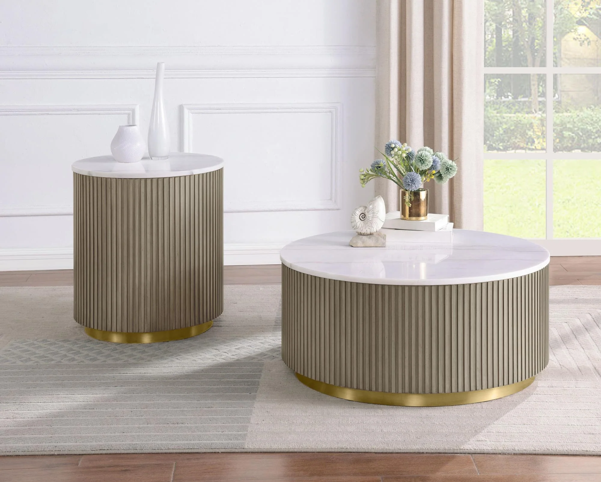 Jason 2-piece Round White Marble Coffee Table Set Greige - Image 1