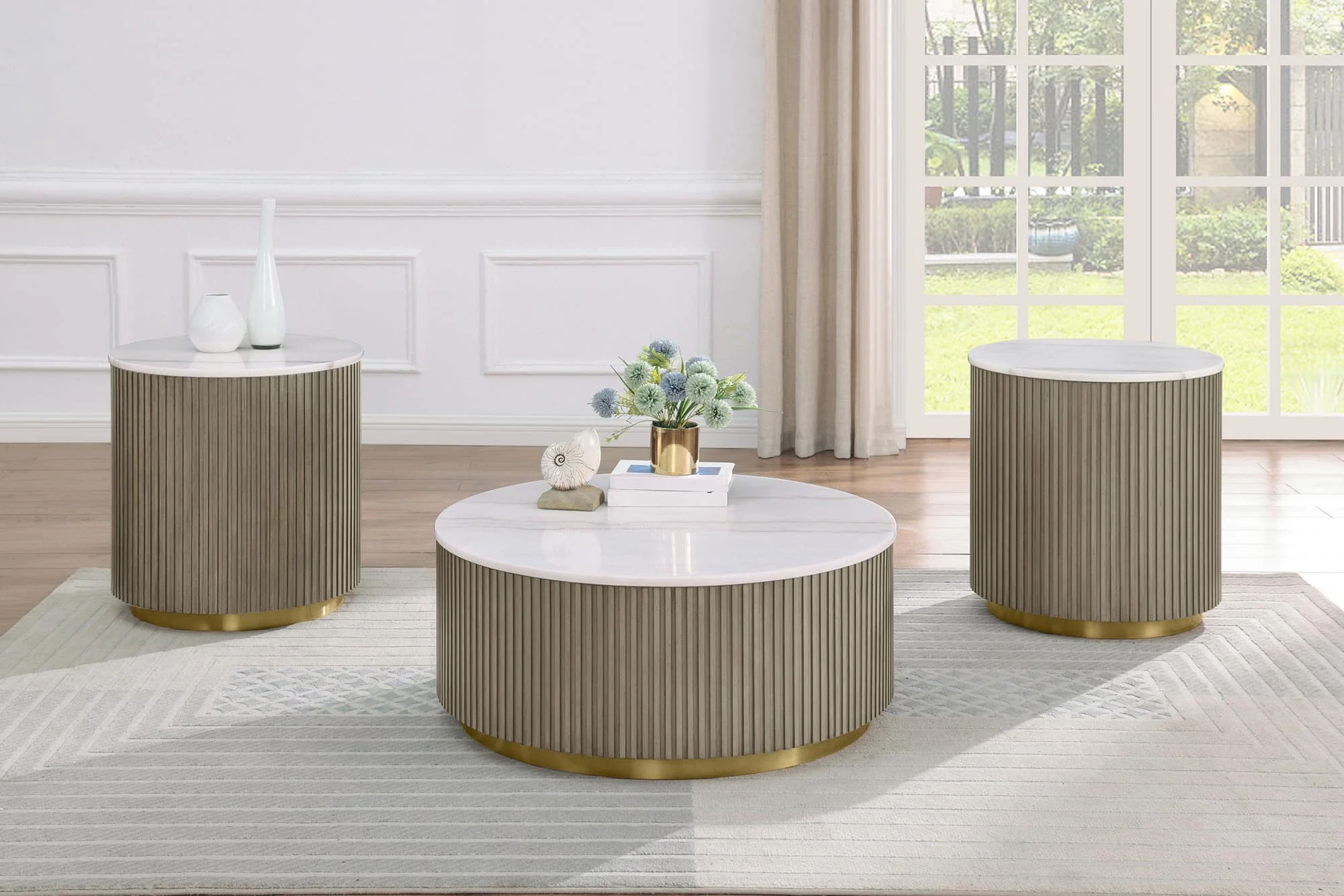Jason 3-piece Round White Marble Coffee Table Set Greige - Image 1
