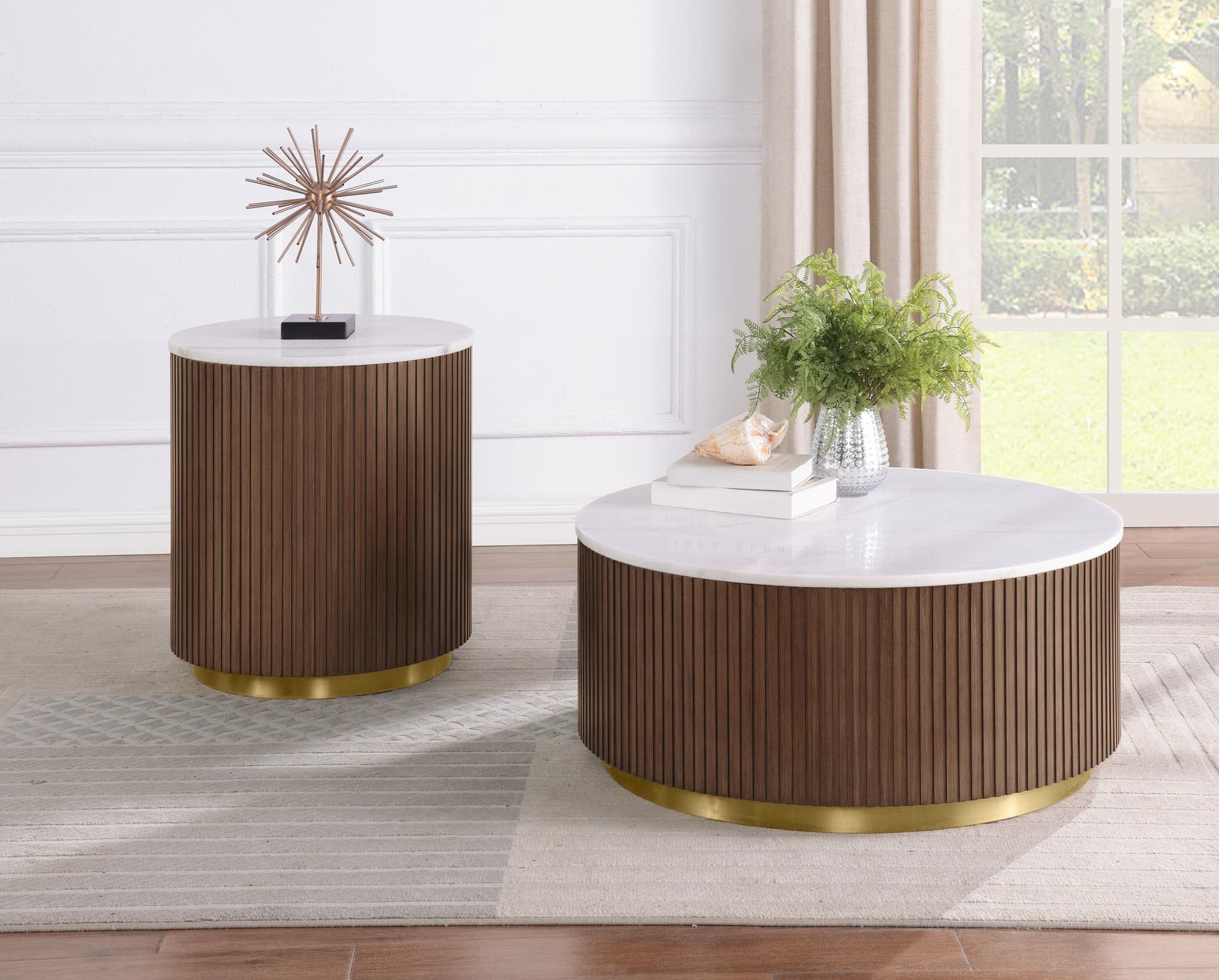 Jason 2-piece Round White Marble Coffee Table Set Honey Brown - Image 1