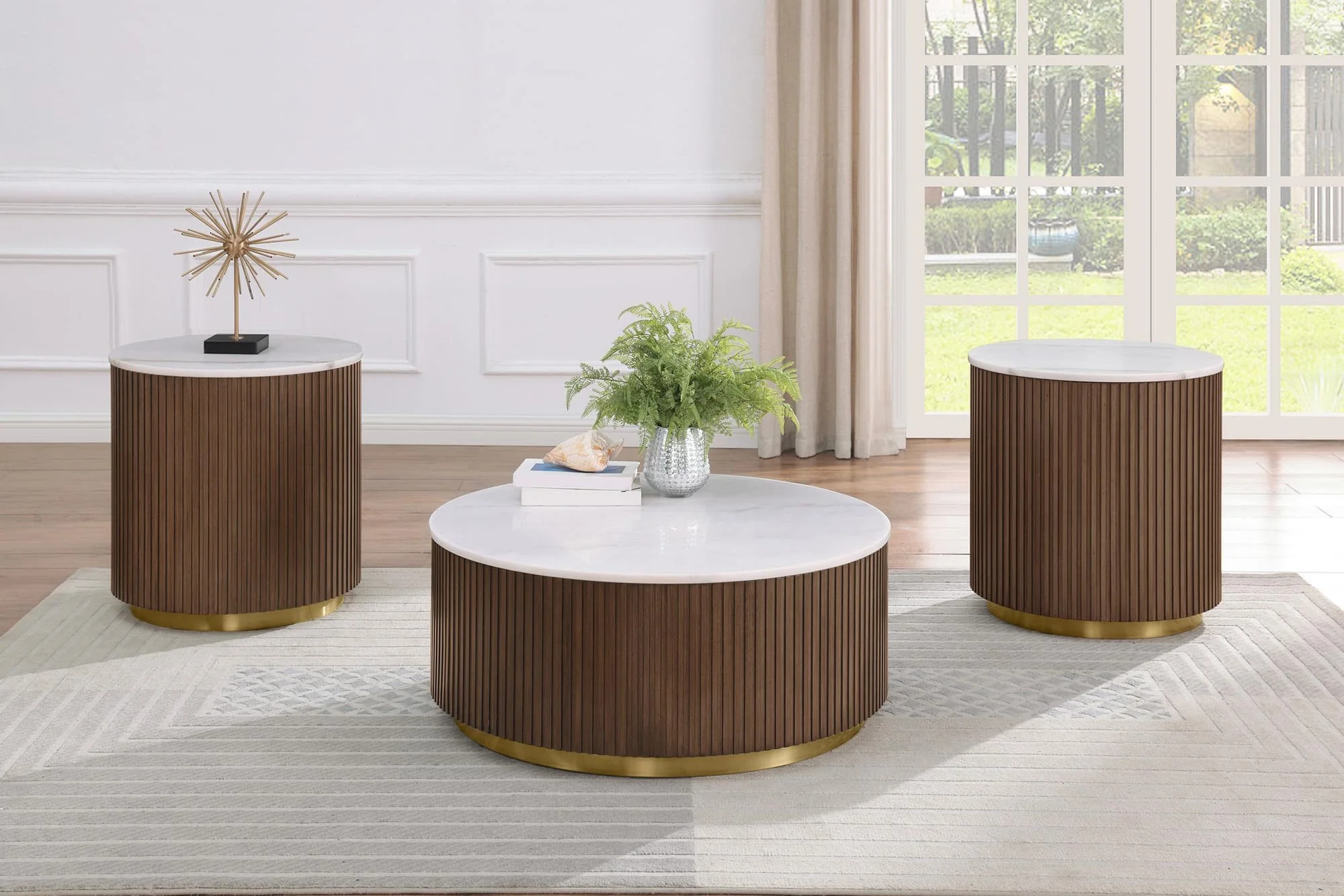 Jason 3-piece Round White Marble Coffee Table Set Honey Brown - Image 1