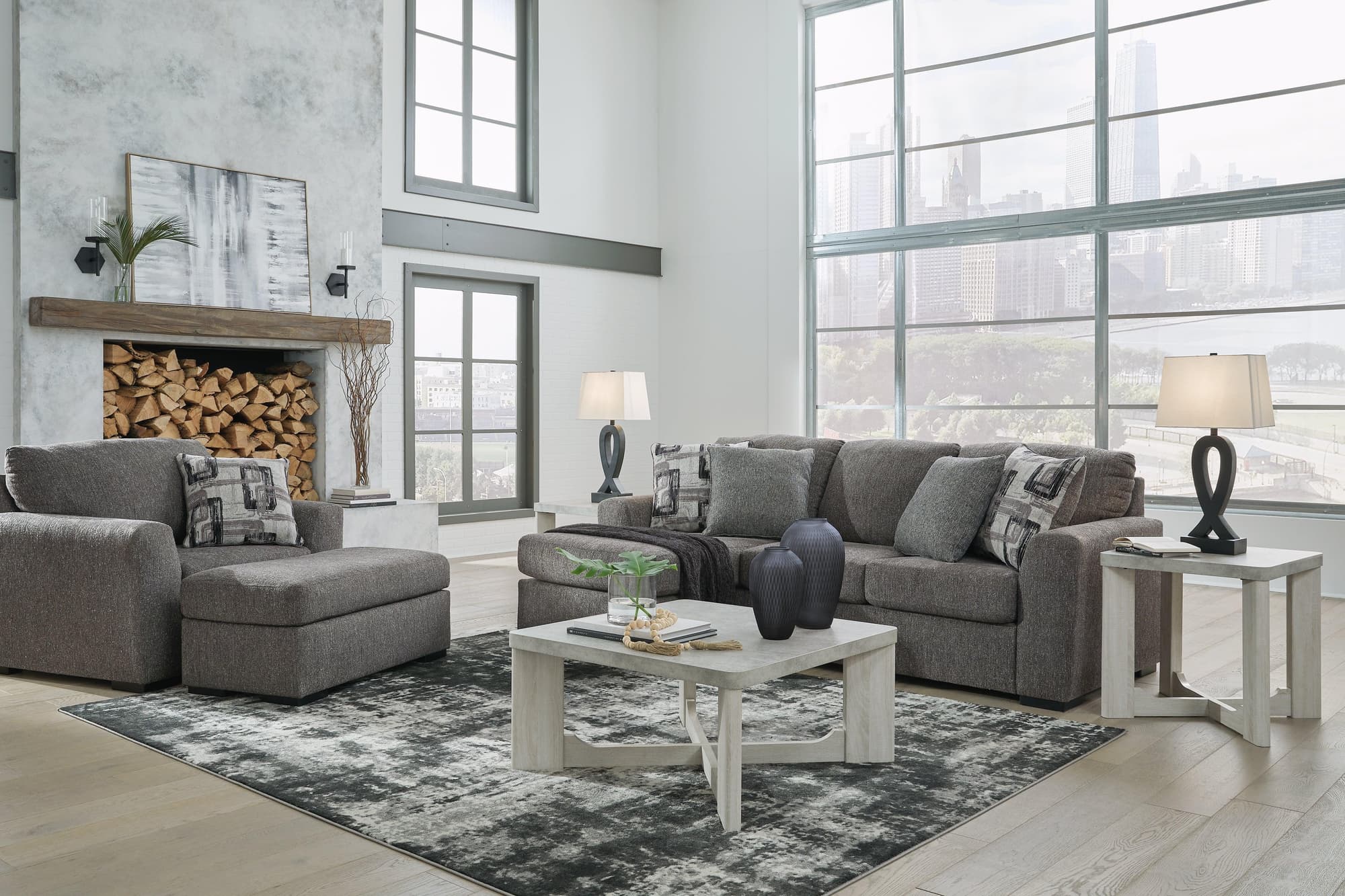 Gardiner Pewter Sofa Chaise With Ottoman
