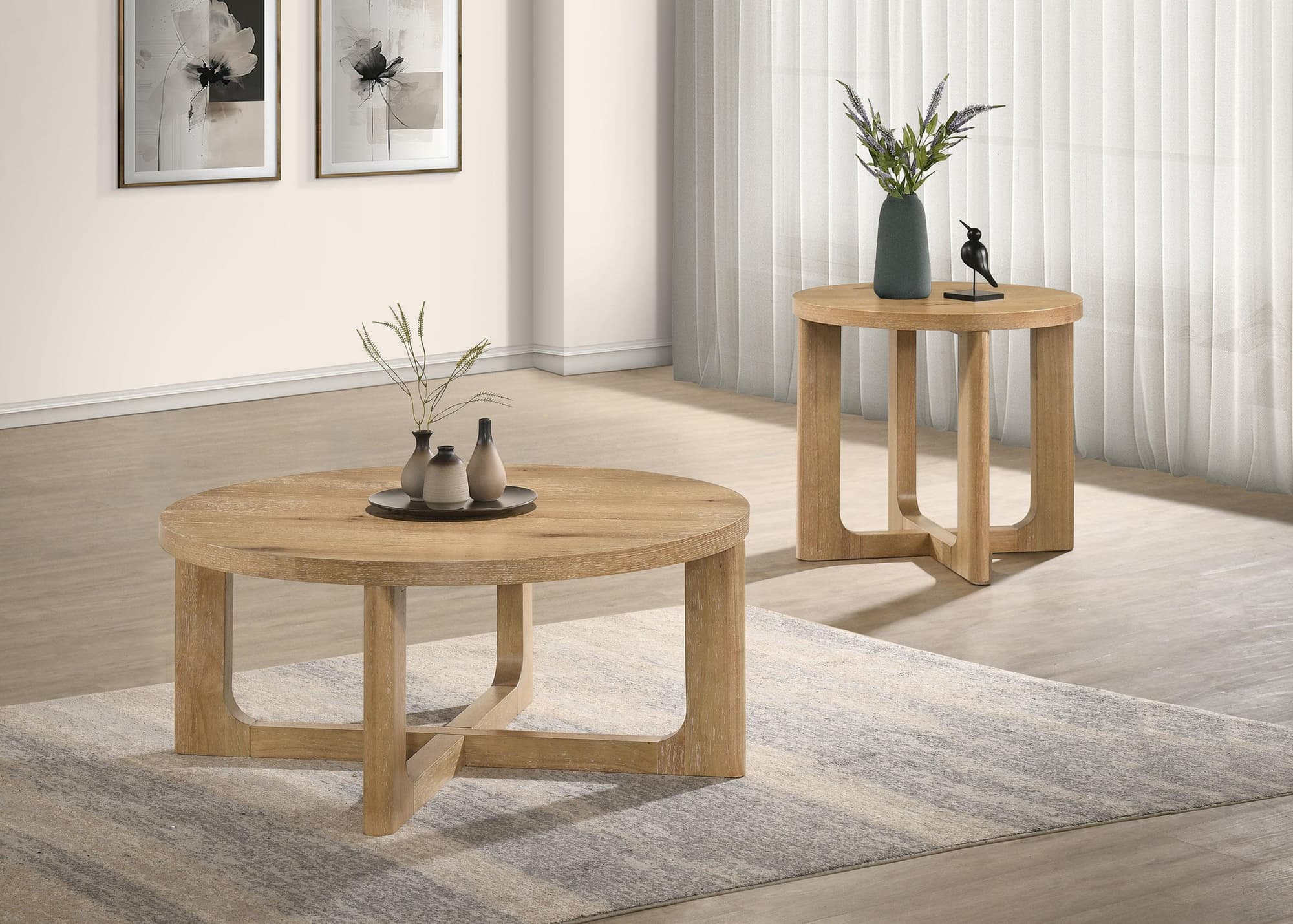 Kessler 2-piece Round Sculptural Wood Coffee Table Set Light Oak - Image 1