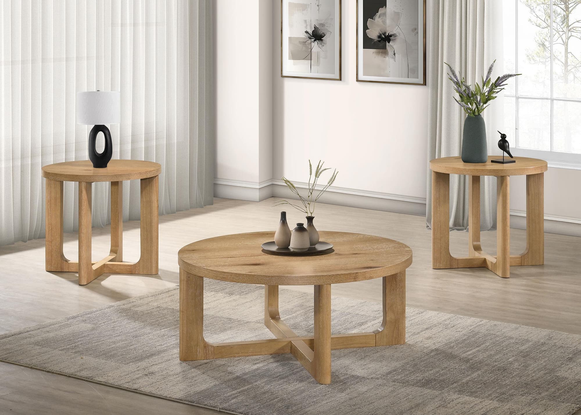 Kessler 3-piece Round Sculptural Wood Coffee Table Set Light Oak - Image 1