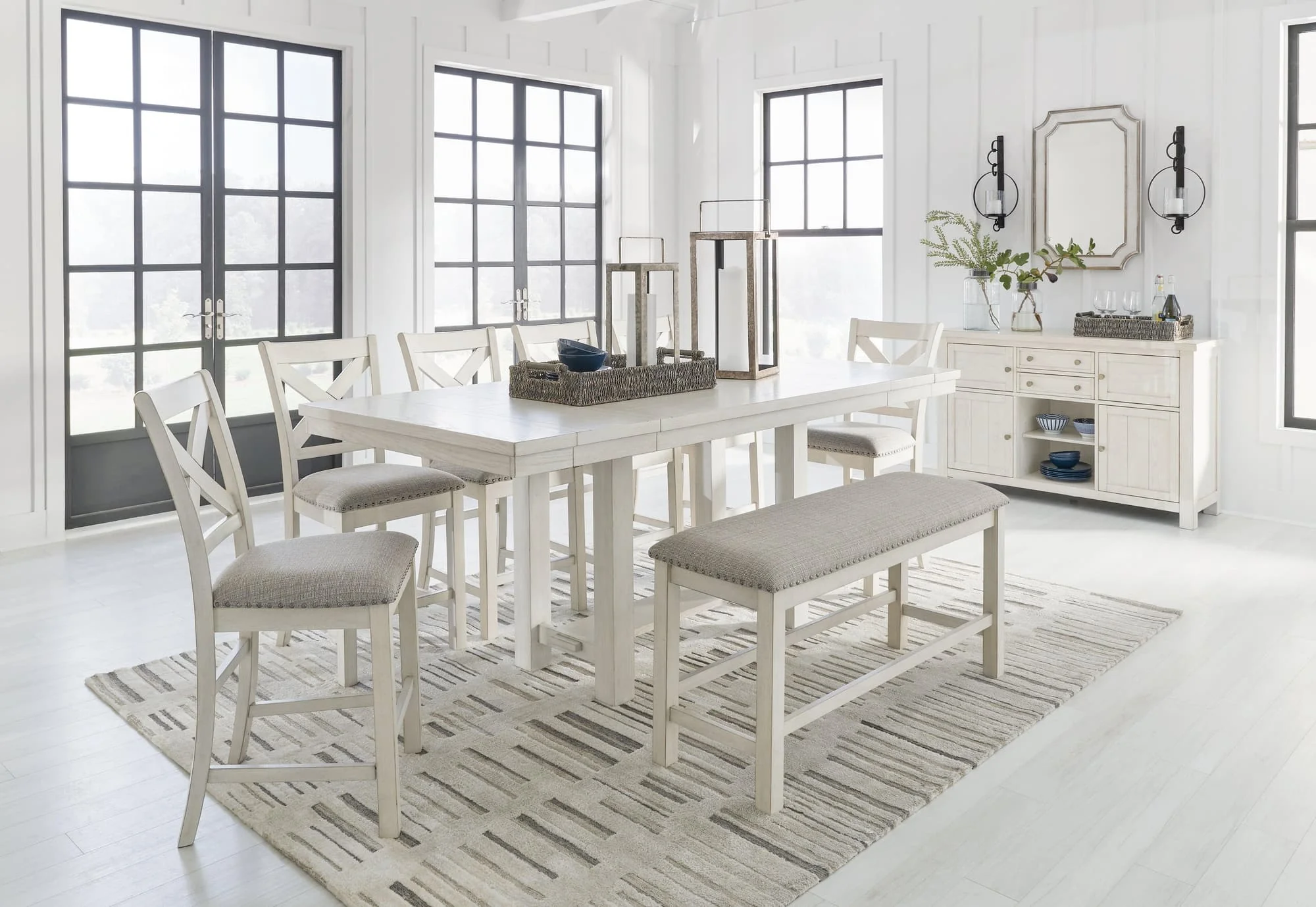 Robbinsdale Antique White Counter Height Dining Table And 6 Barstools Bench - Image 1
