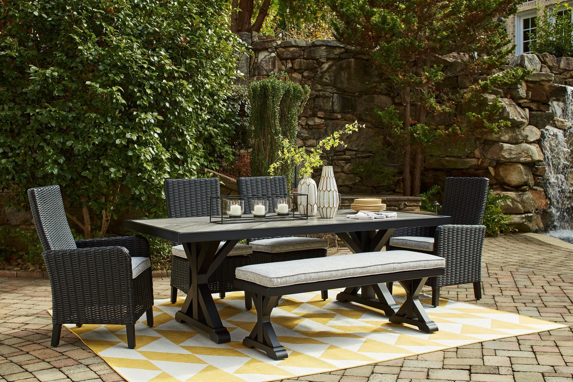 Beachcroft Black Light Gray Outdoor Dining Table And 4 Chairs Bench