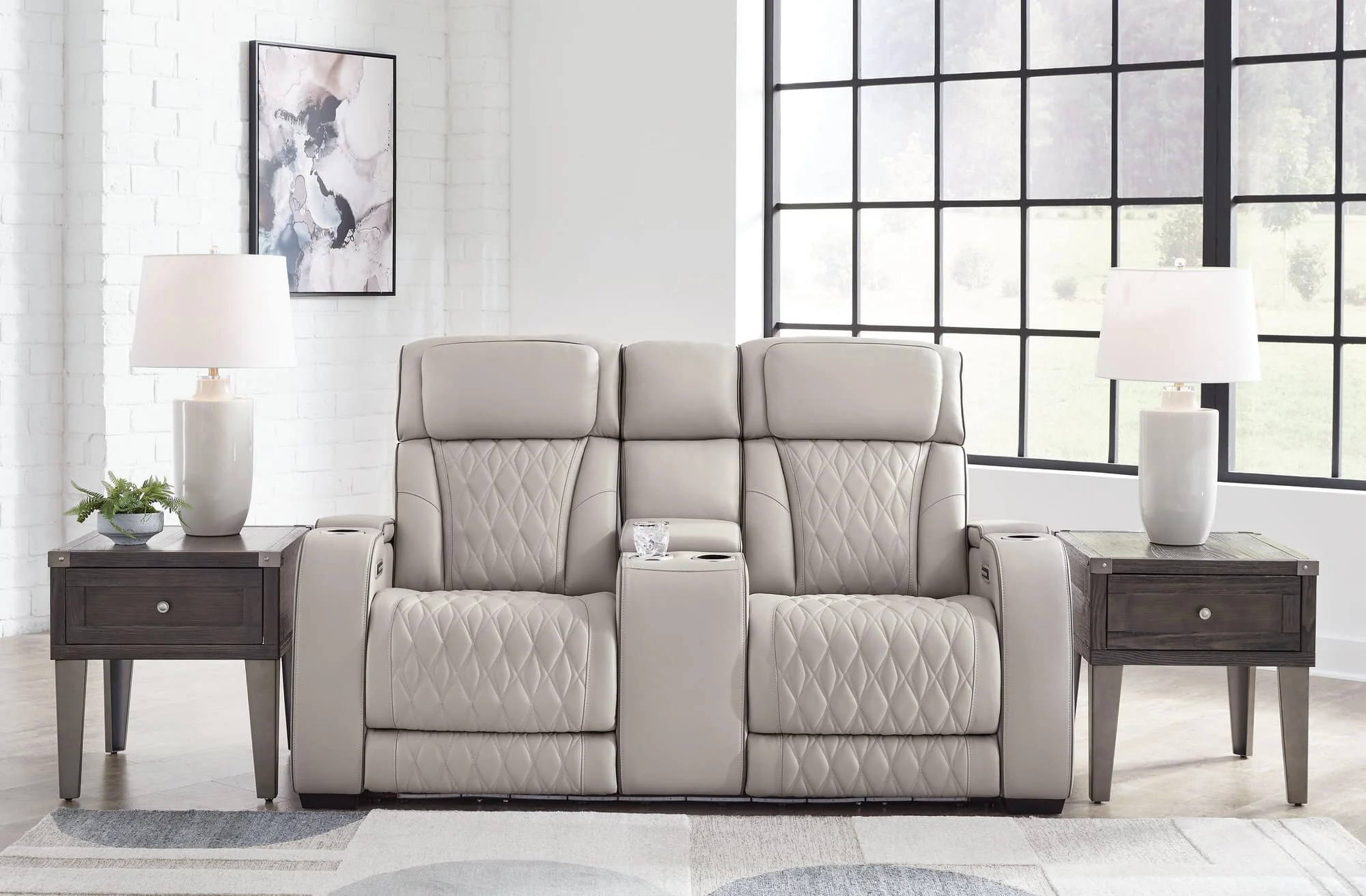 Boyington Gray Leather Power Reclining Loveseat With Console - Image 1