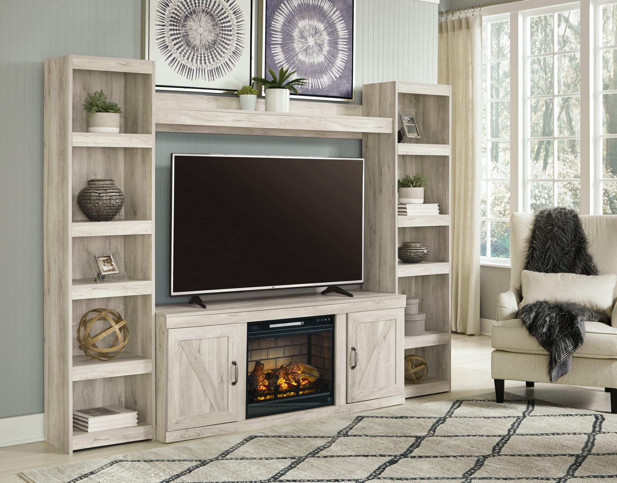 Bellaby Whitewash 4-Piece Entertainment Center With Electric Fireplace