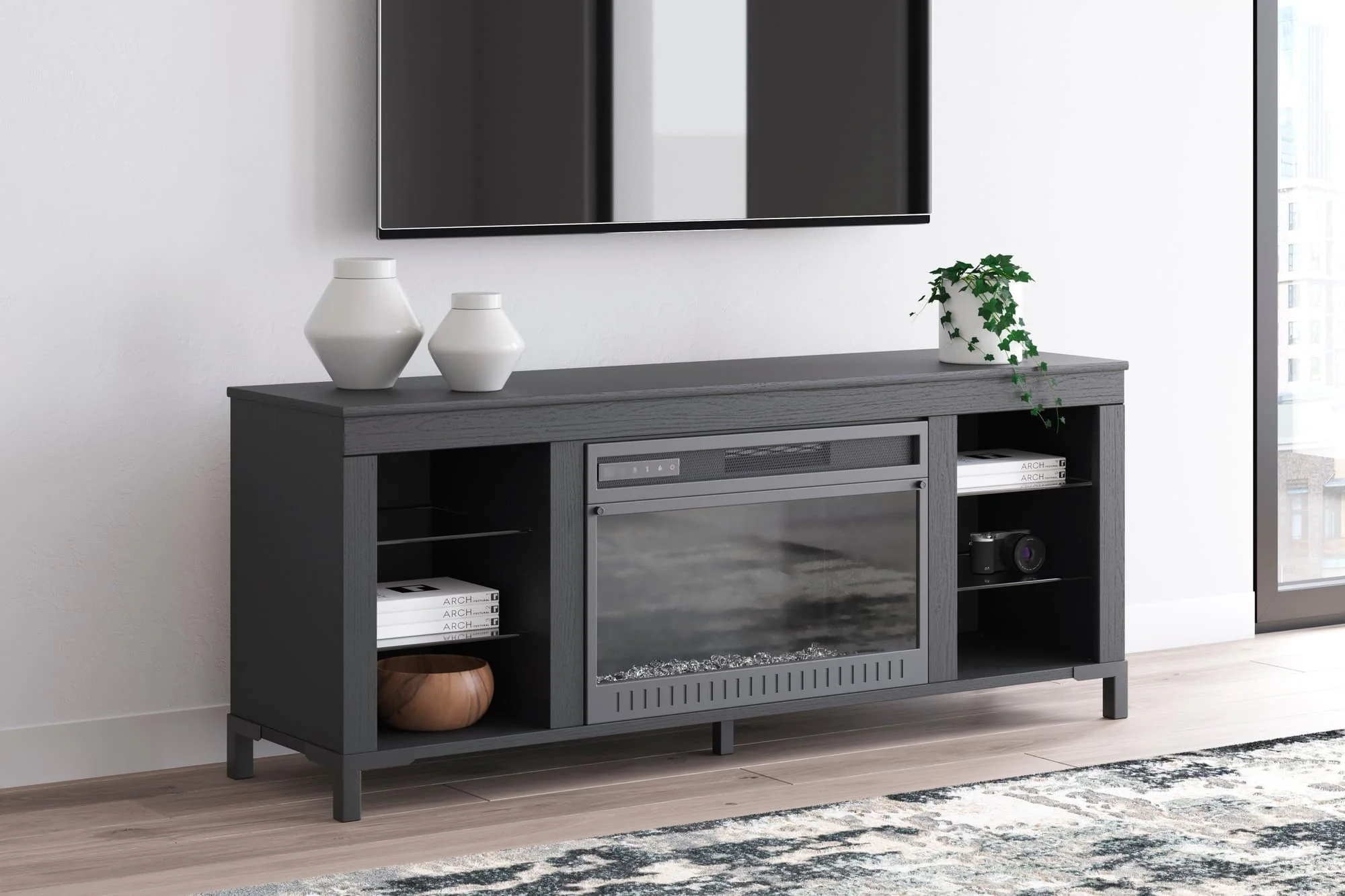 Cayberry Black 60″ Tv Stand With Electric Fireplace