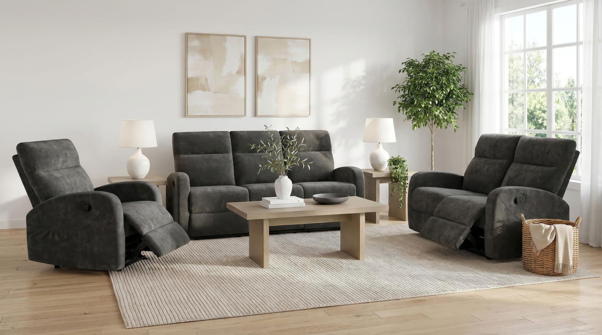 Hamilton 3-piece Chenille Manual Reclining Sofa Set Charcoal Grey