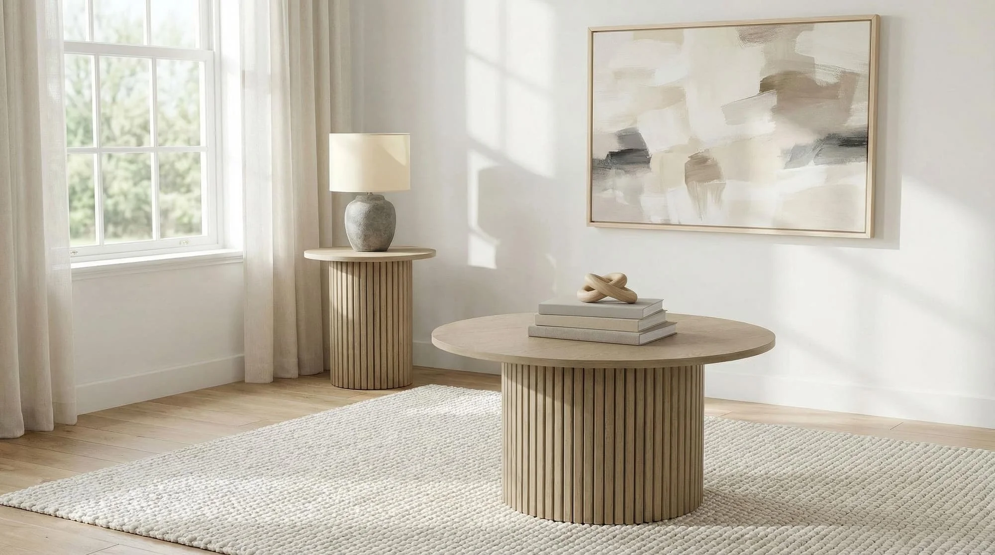 Hamlyn 2-piece Round Fluted Coffee and End Table Set Natural Oak - Image 1