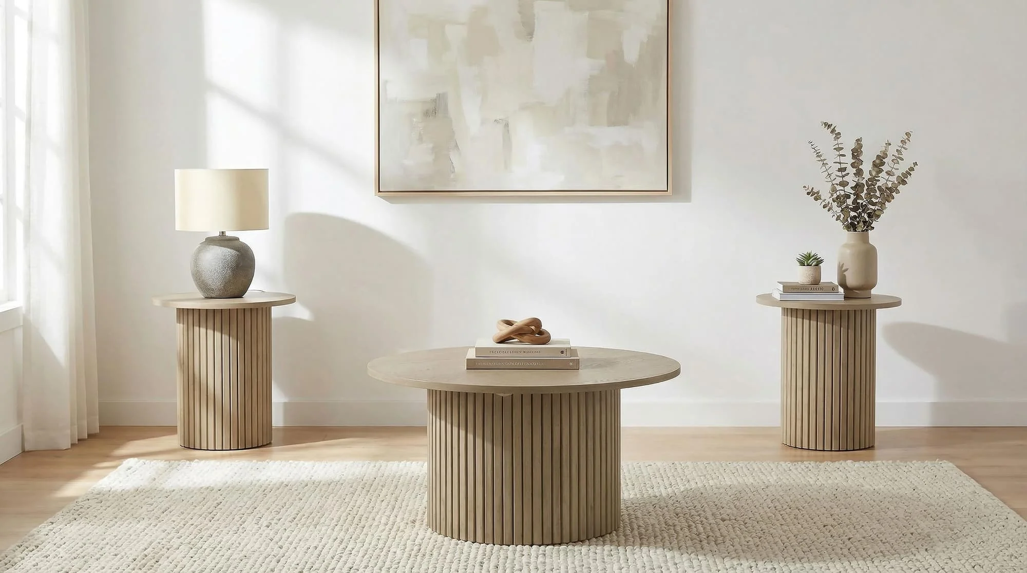 Hamlyn 3-piece Round Fluted Coffee and End Table Set Natural Oak - Image 1