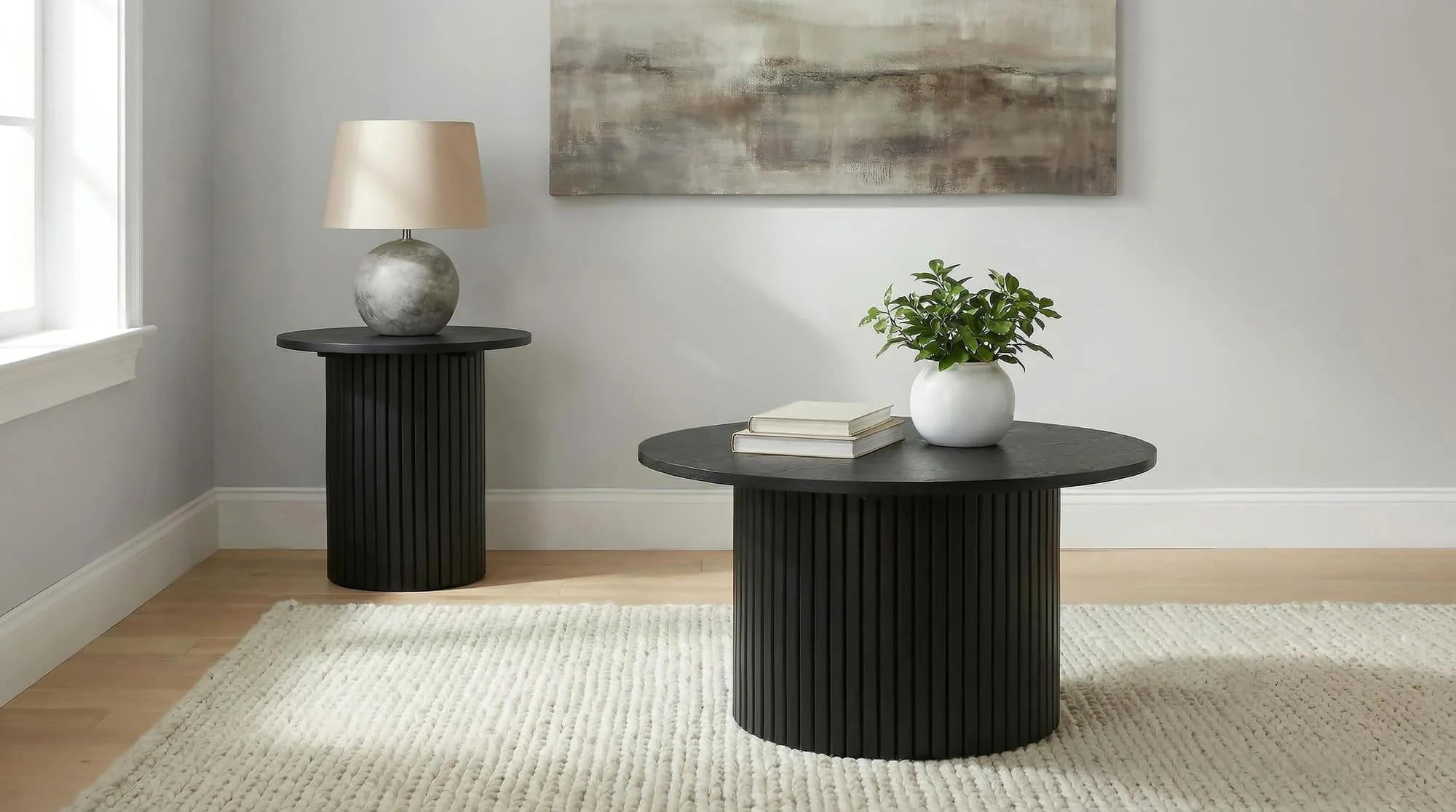 Hamlyn 2-piece Round Fluted Coffee and End Table Set Black - Image 1
