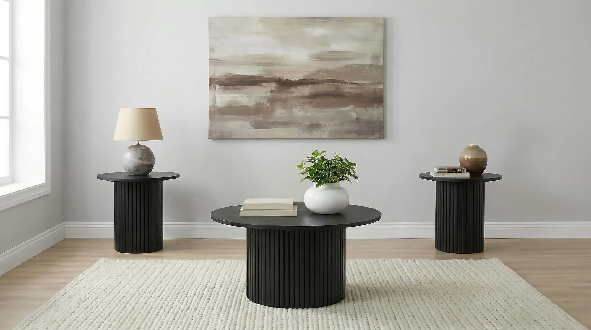 Hamlyn 3-piece Round Fluted Coffee and End Table Set Black - Image 1