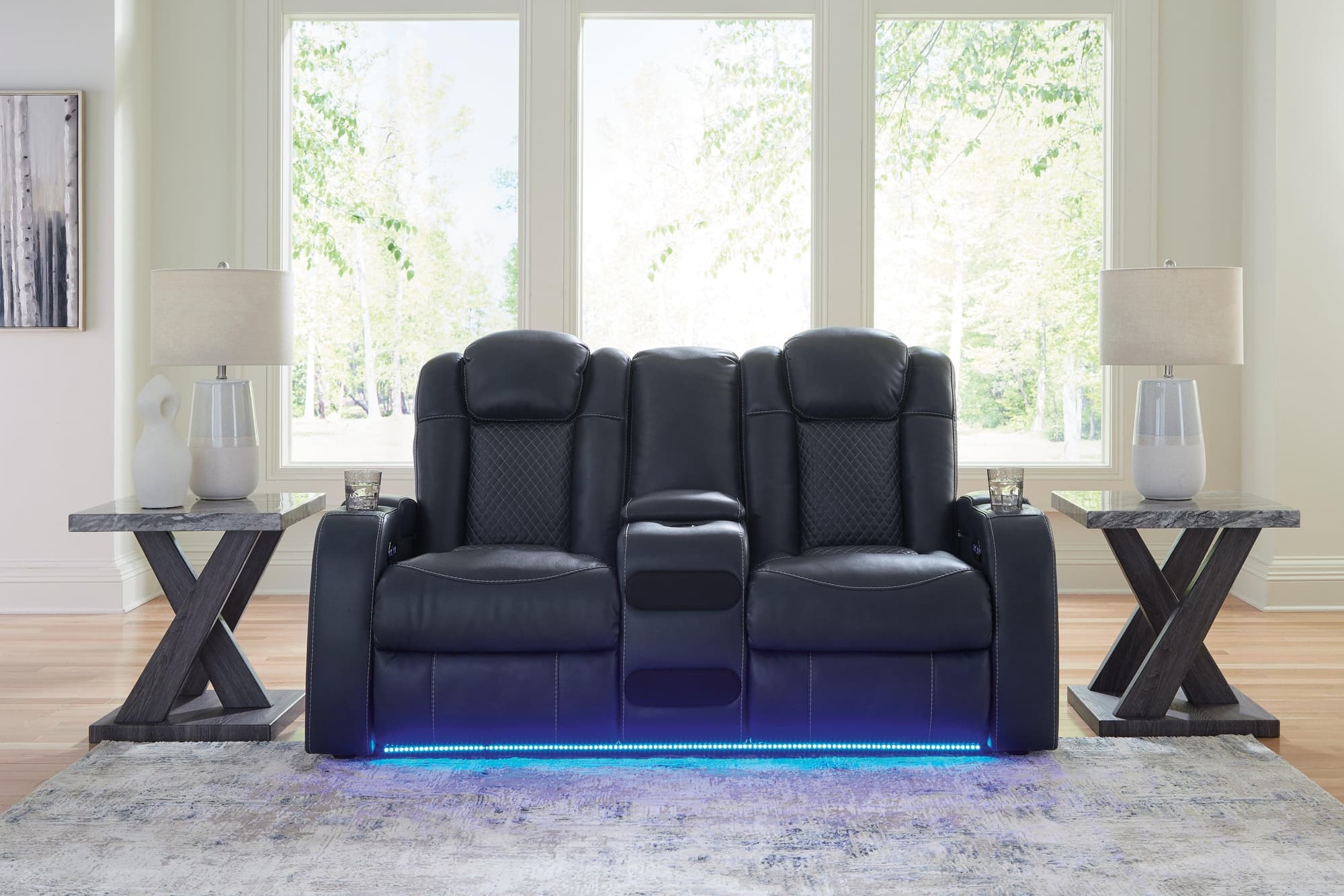 Fyne-dyme Sapphire Faux Leather Power Reclining Loveseat With Console - Image 1