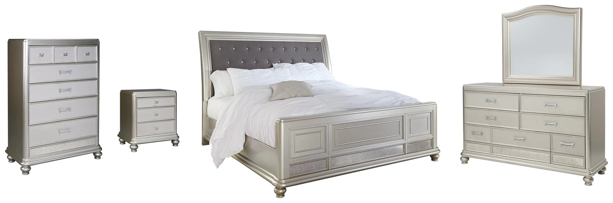 Coralayne Silver Upholstered Sleigh Bedroom Set - Image 1