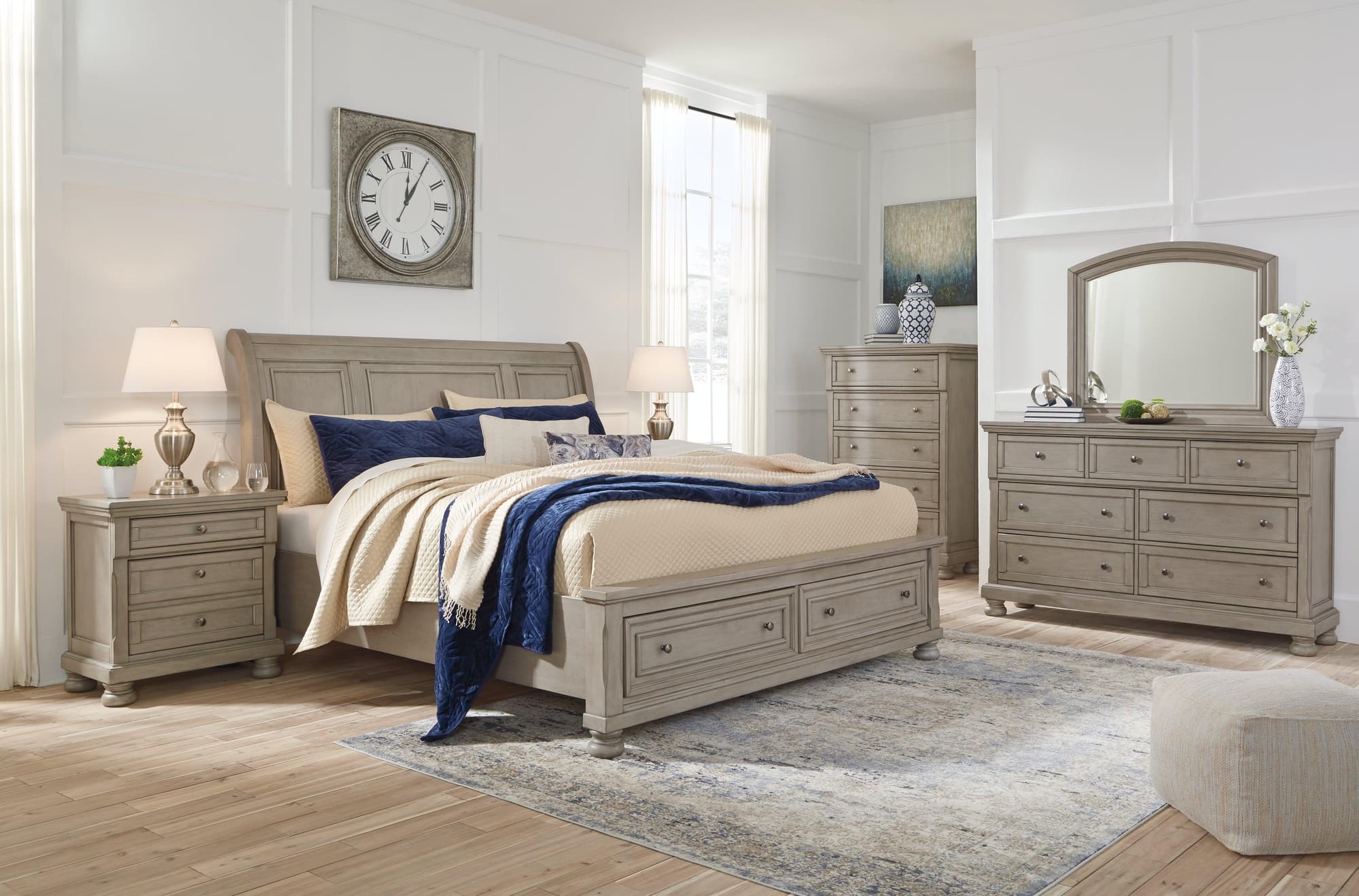 Lettner Light Gray Sleigh 2 Storage Bedroom Set - Image 1