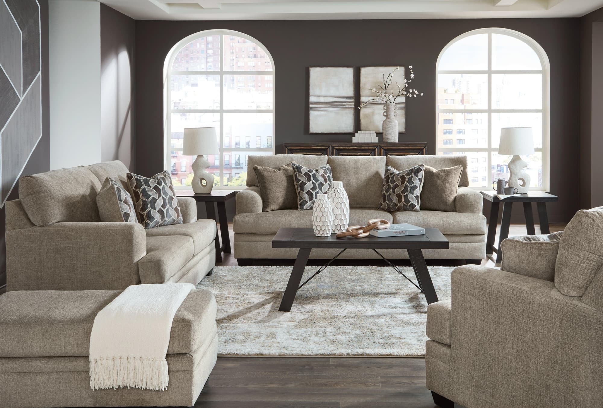 Stonemeade Taupe Sofa Loveseat Chair And Ottoman - Image 1