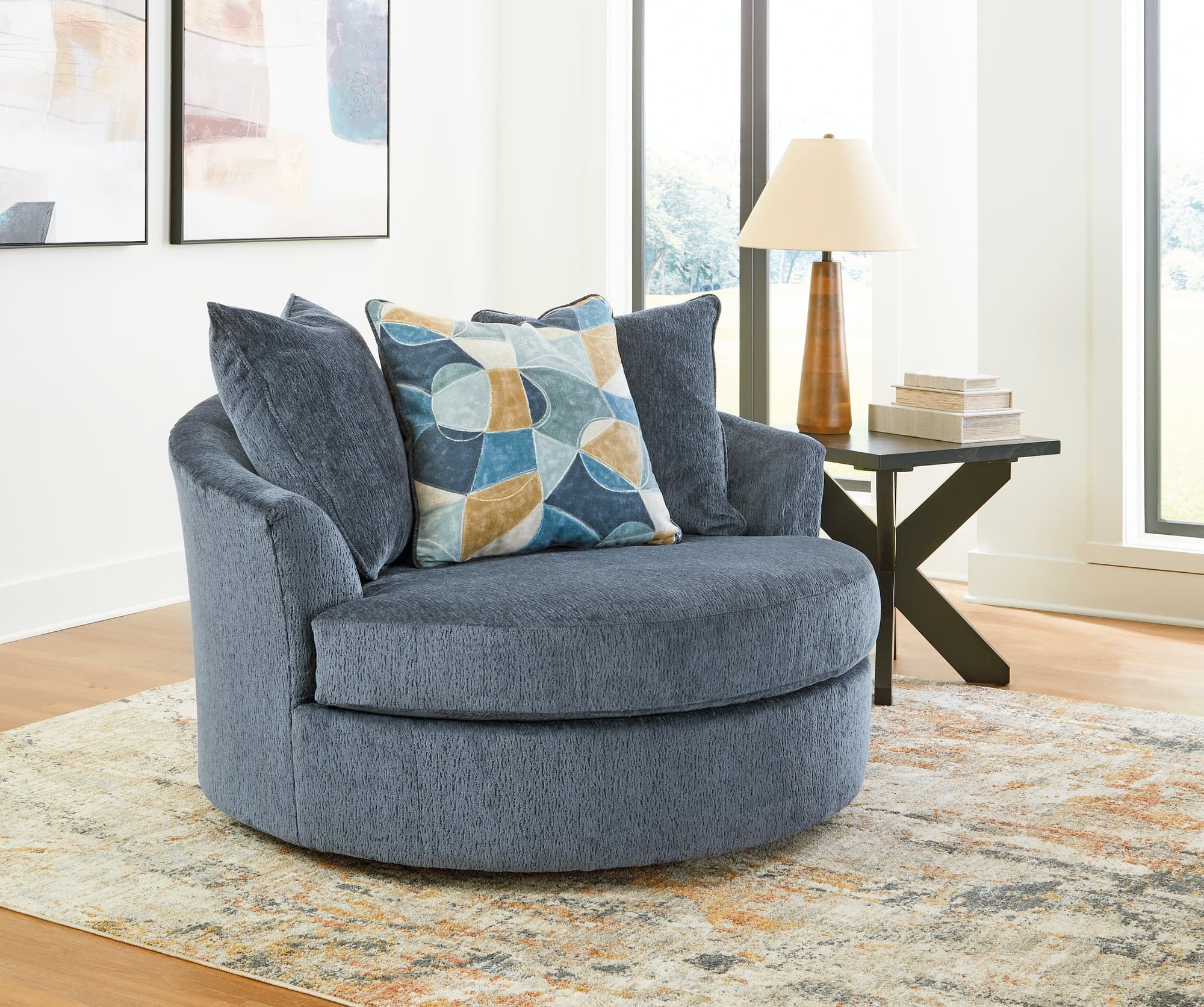 Maxon Place Navy Chenille Oversized Swivel Accent Chair - Image 1