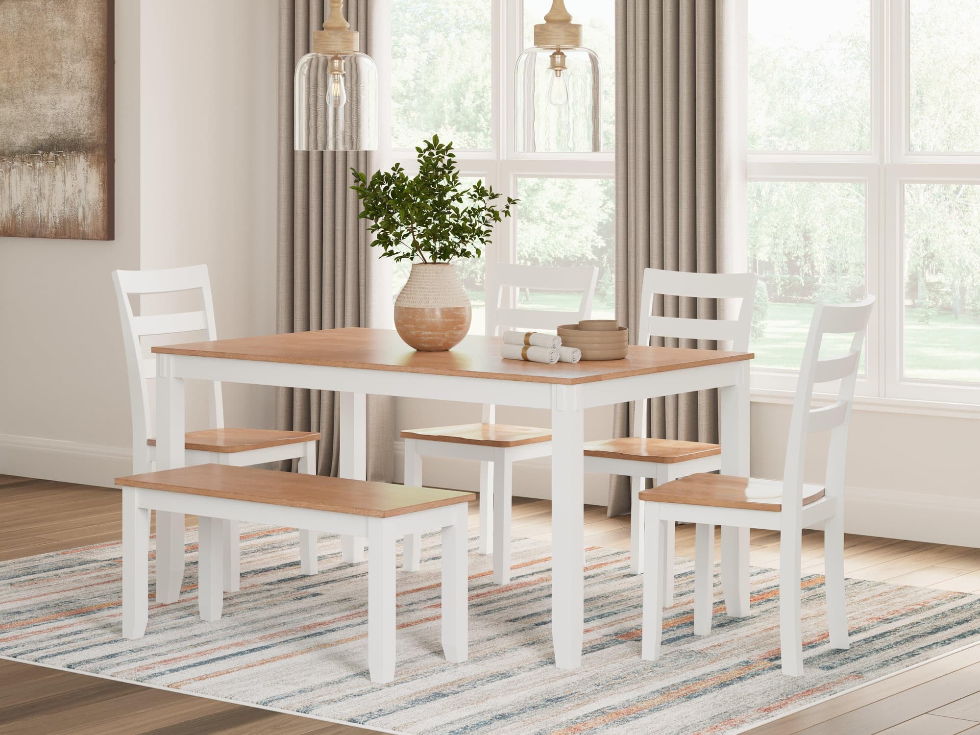 Gesthaven Natural White Dining Table With 4 Chairs And Bench (Set of 6) - Image 1