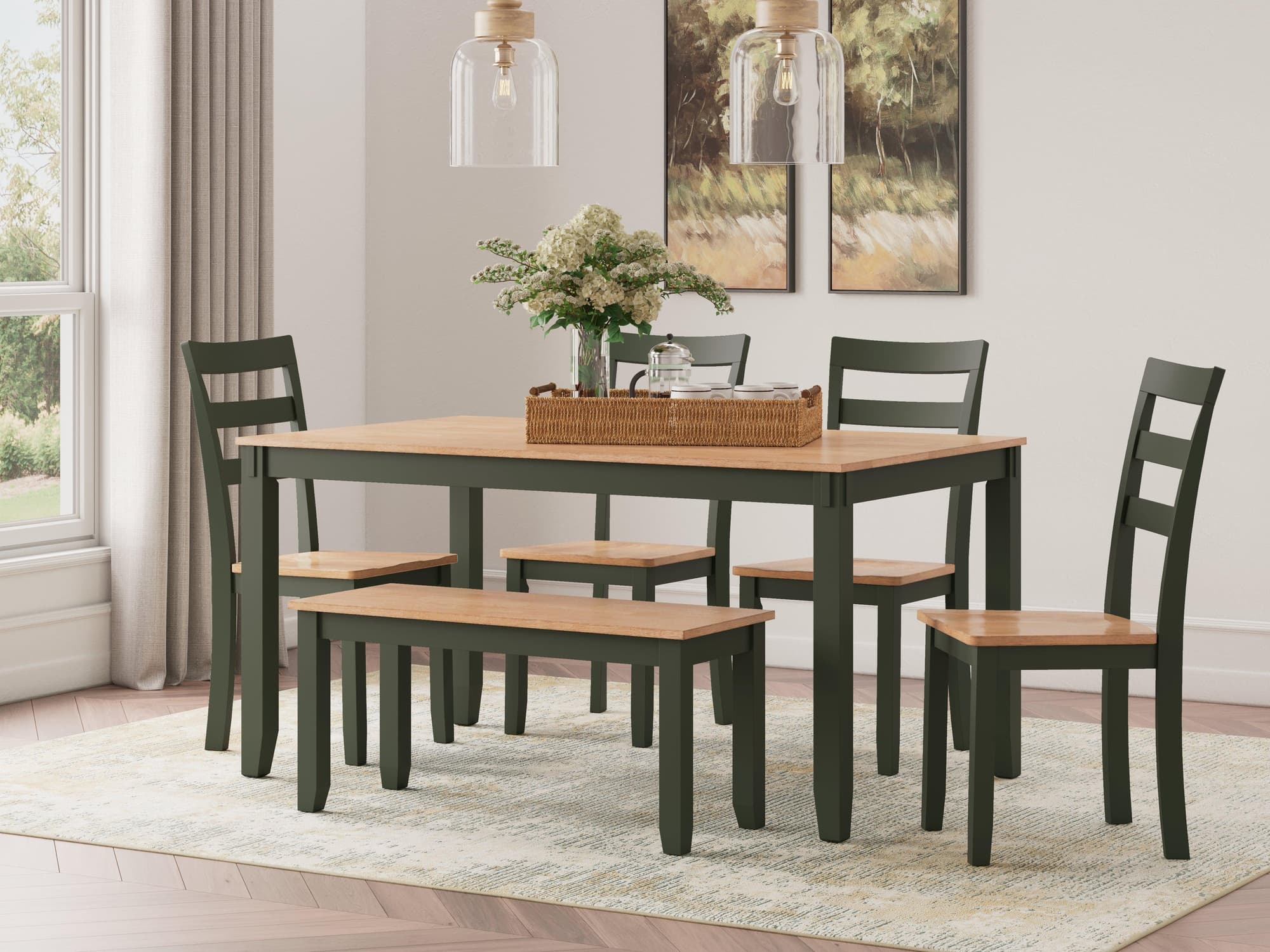 Gesthaven Natural Green Dining Table With 4 Chairs And Bench (Set of 6) - Image 1