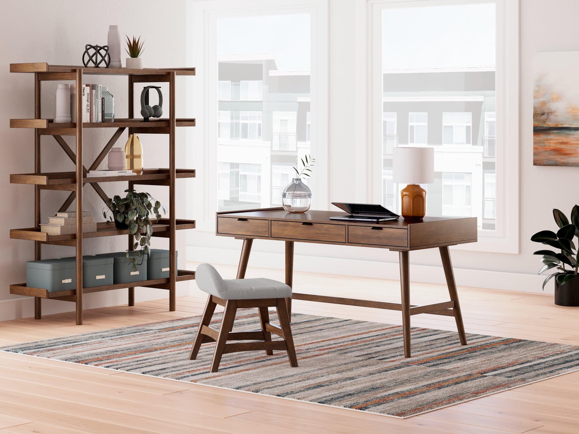 Lyncott Brown Home Office Desk With Chair And Storage - Image 1