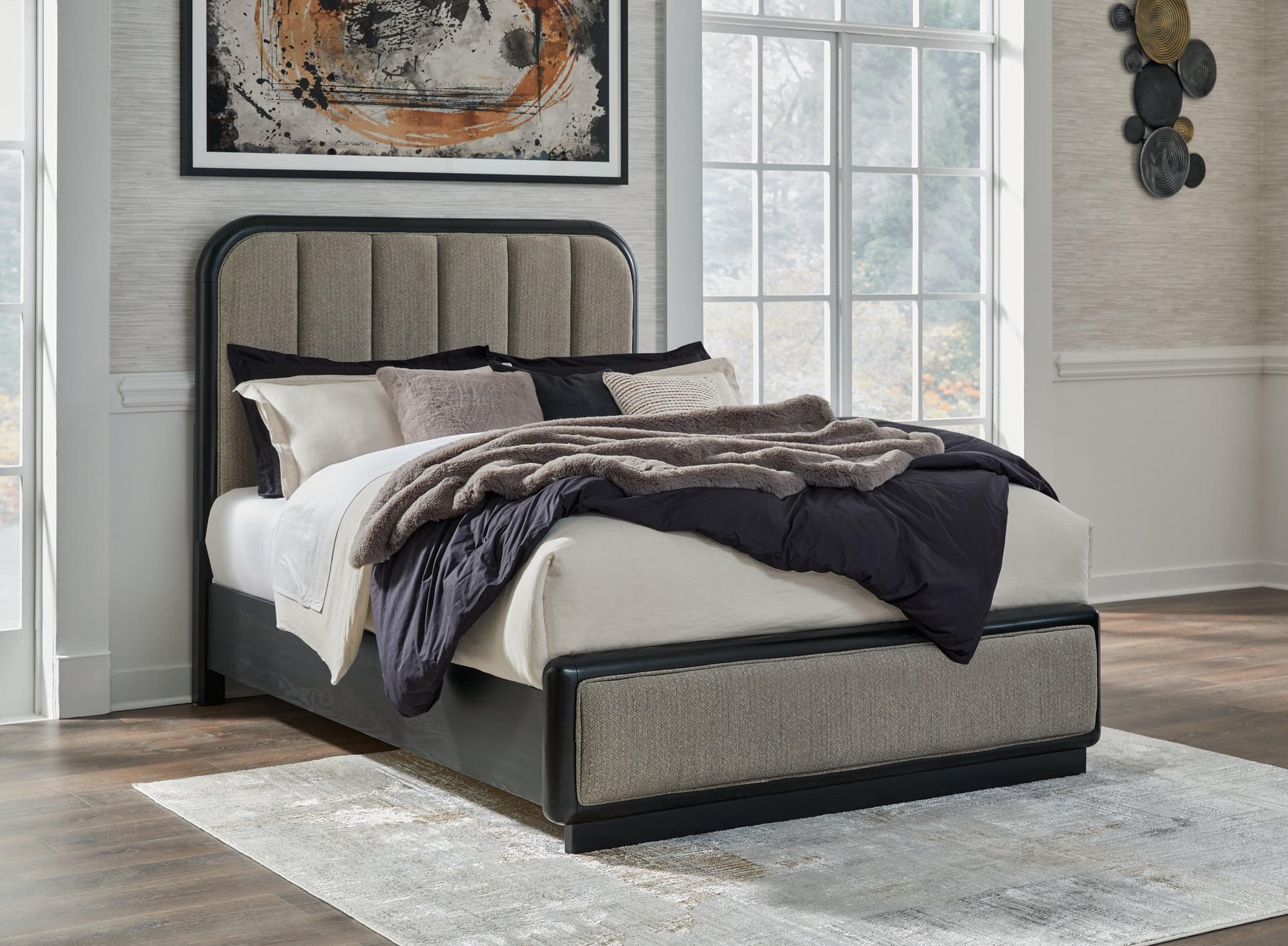 Rowanbeck Gray Black Queen Upholstered Panel Bed - Image 1
