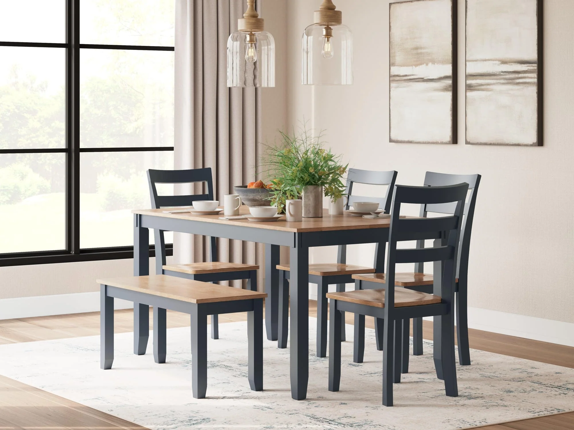 Gesthaven Natural Blue Dining Table With 4 Chairs And Bench (Set of 6) - Image 1