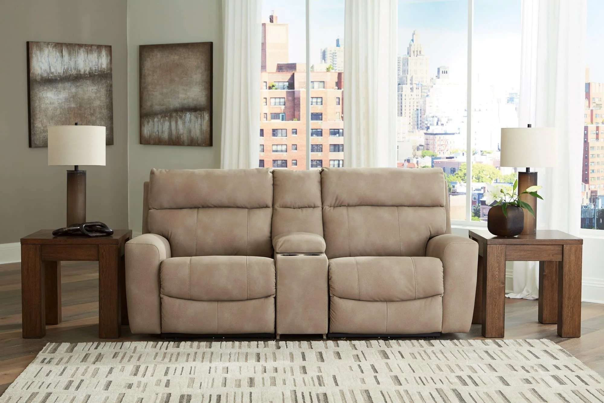 Next-Gen Durapella Sand 3-Piece Power Reclining Sectional Loveseat With Console - Image 1