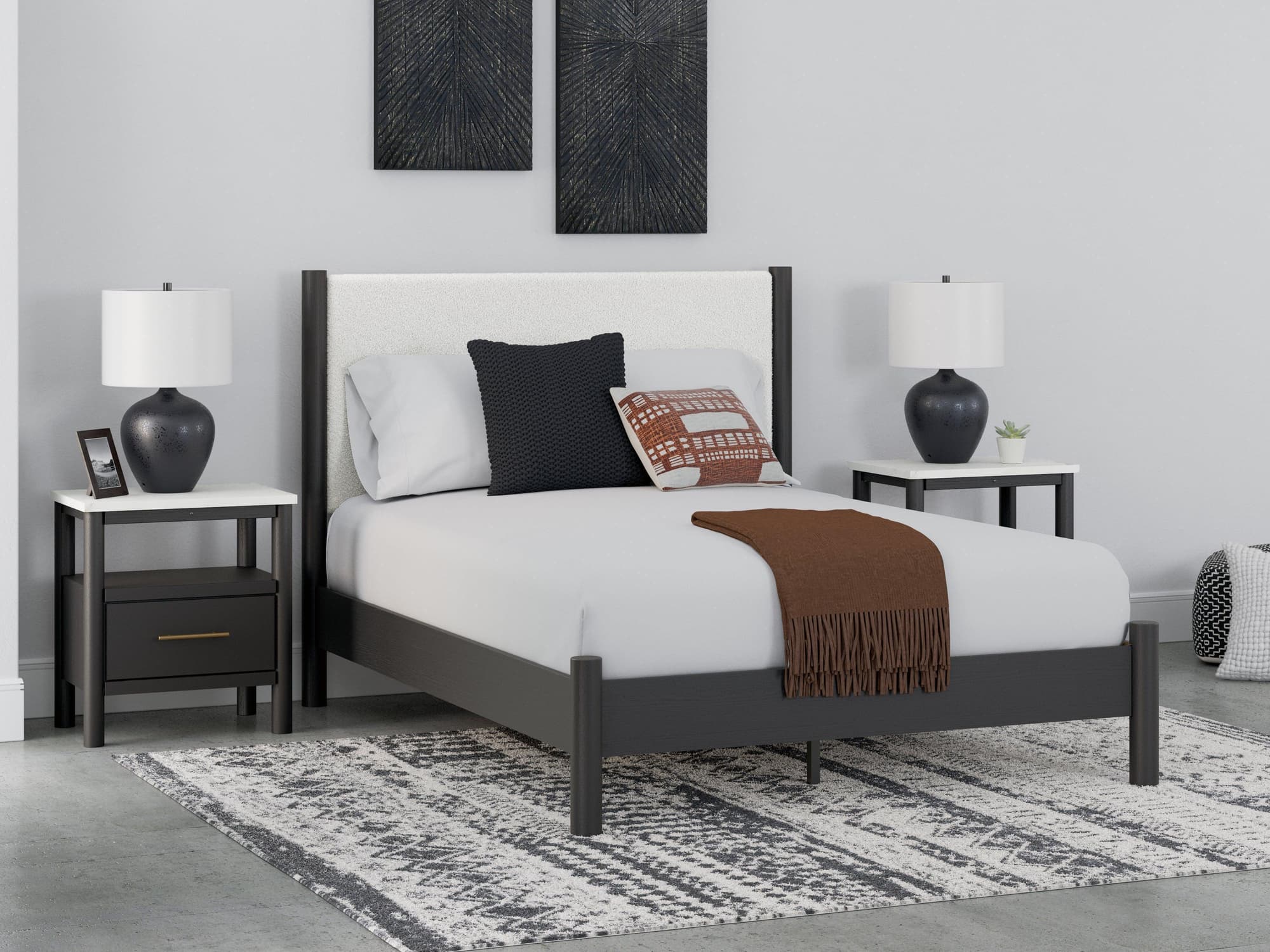 Cadmori Black White Queen Upholstered Panel Bed - Image 1