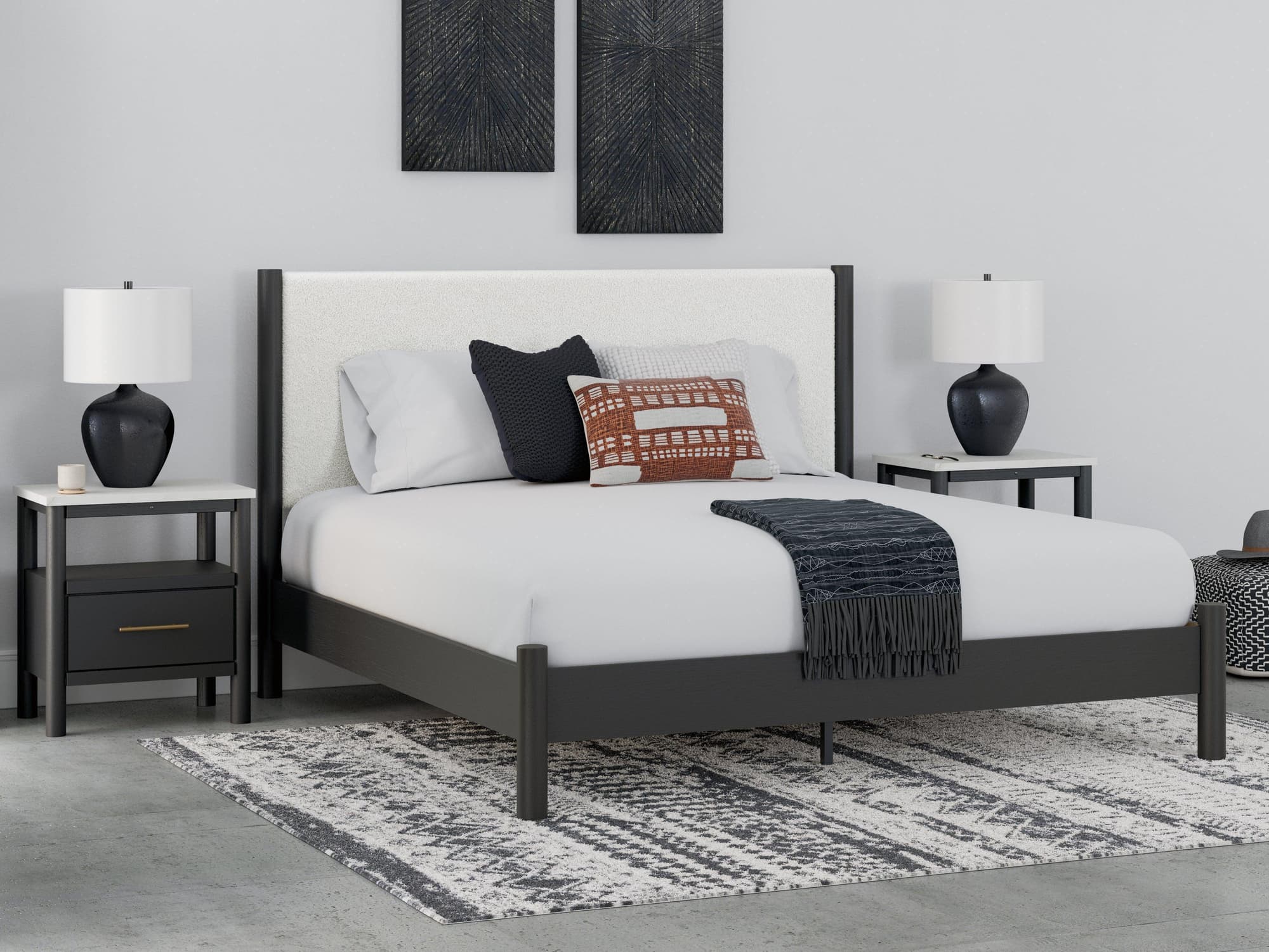 Cadmori Black White King Upholstered Panel Bed - Image 1