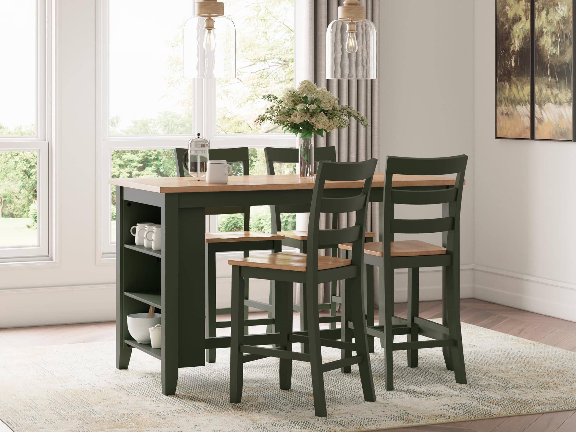 Gesthaven Natural/Green Counter Height Dining Table and 4 Barstools - Image 1