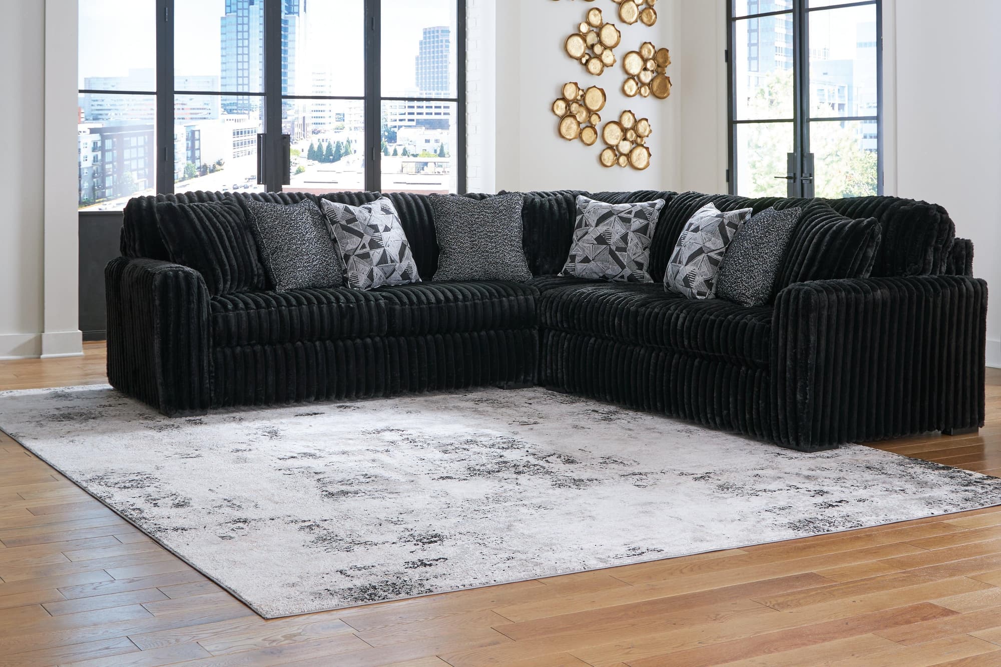 Midnight-Madness Onyx Velvet 3-Piece Sectional - Image 1