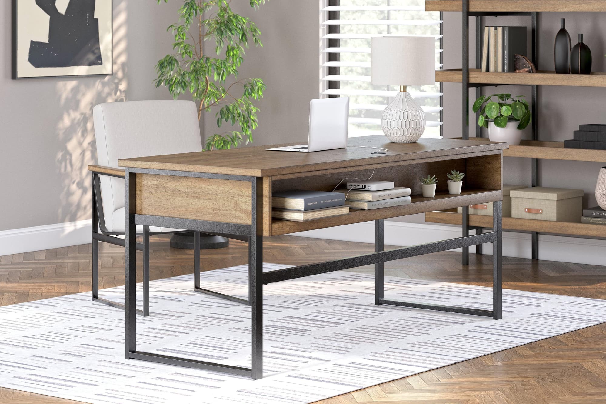 Montia Light Brown Home Office Desk with Chair and Storage - Image 1