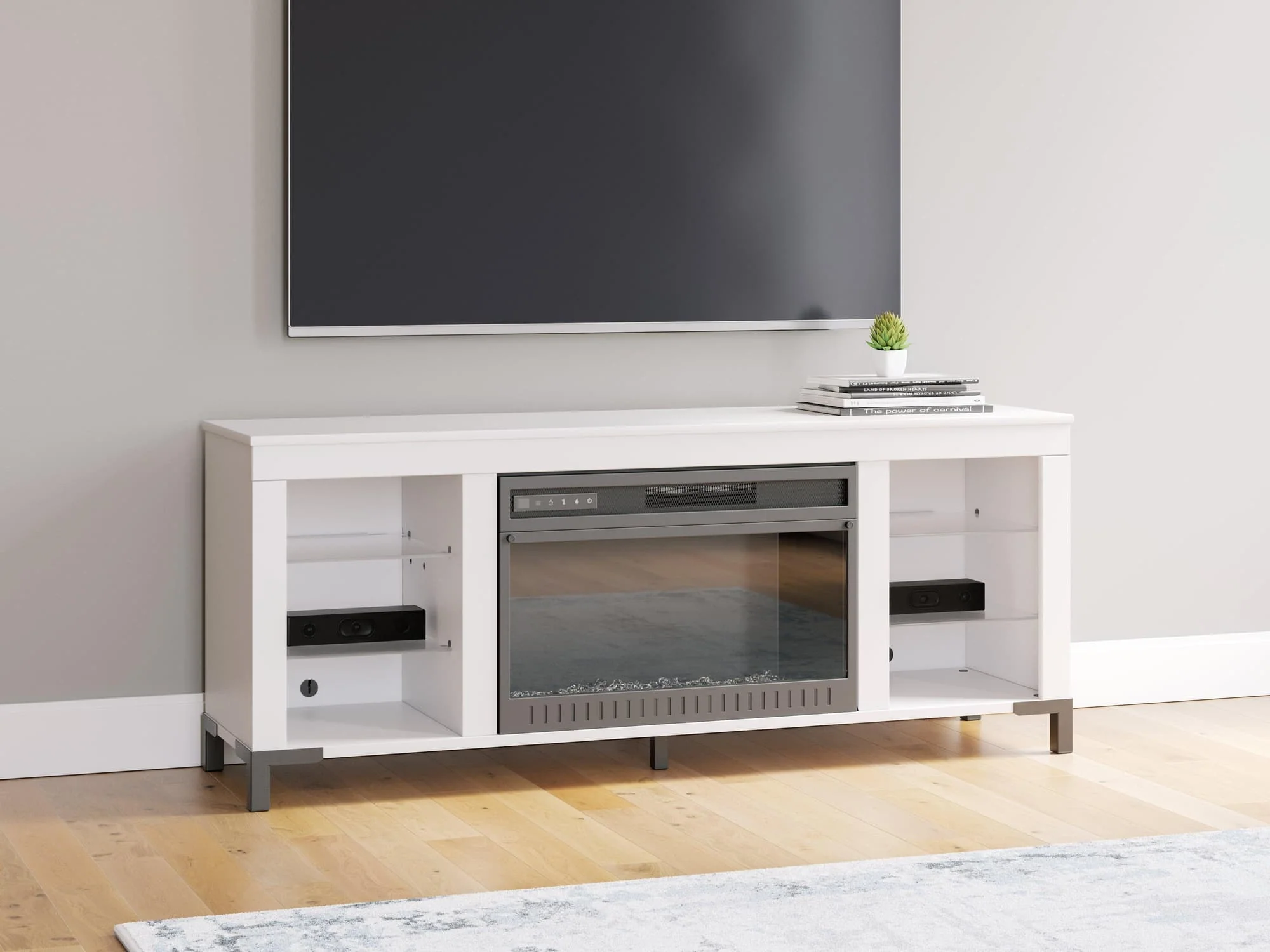 Brollevi White 60″ TV Stand with Electric Fireplace